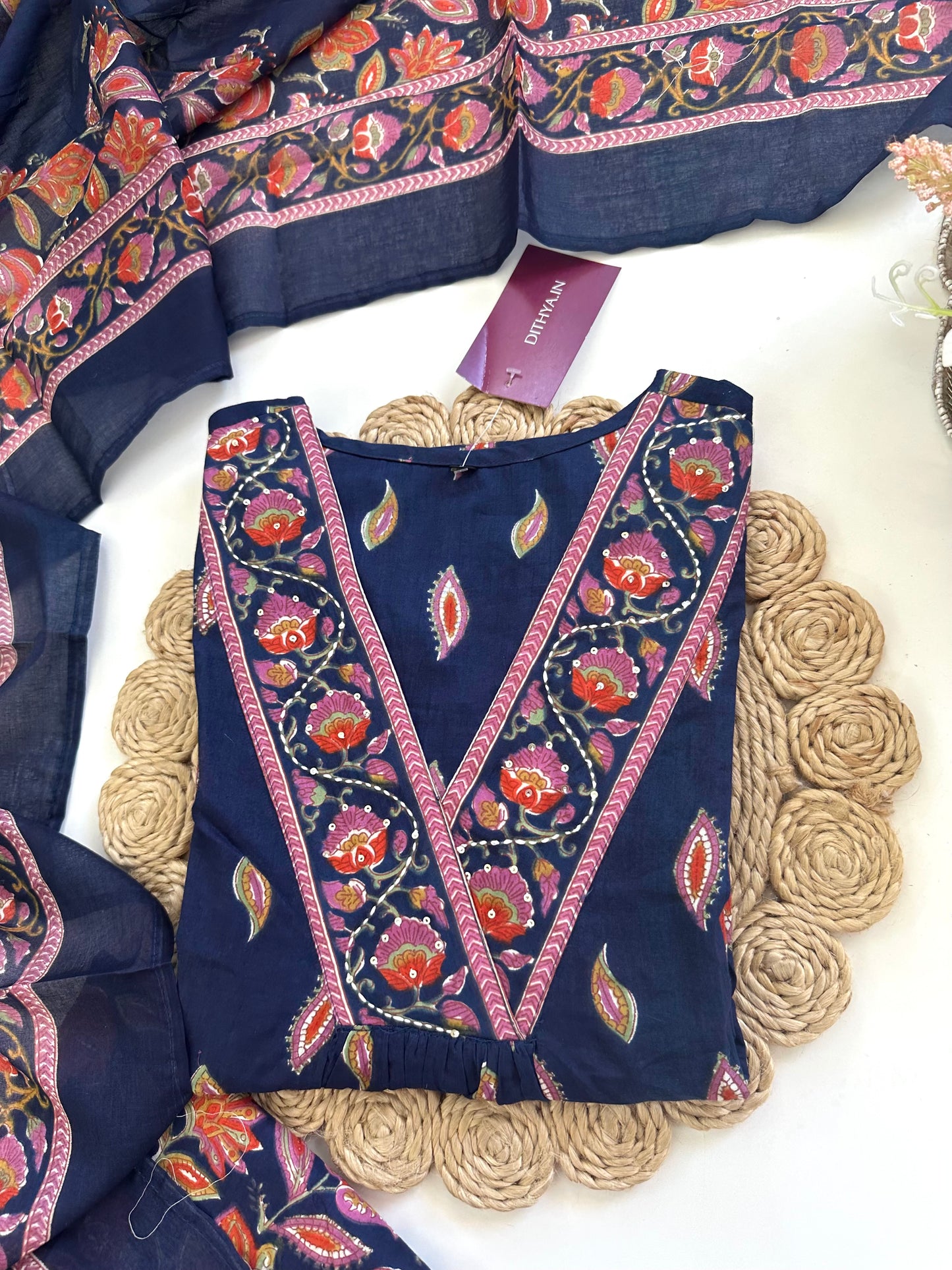 K046 - Cotton floral Aline Kurti with pants and dupatta.