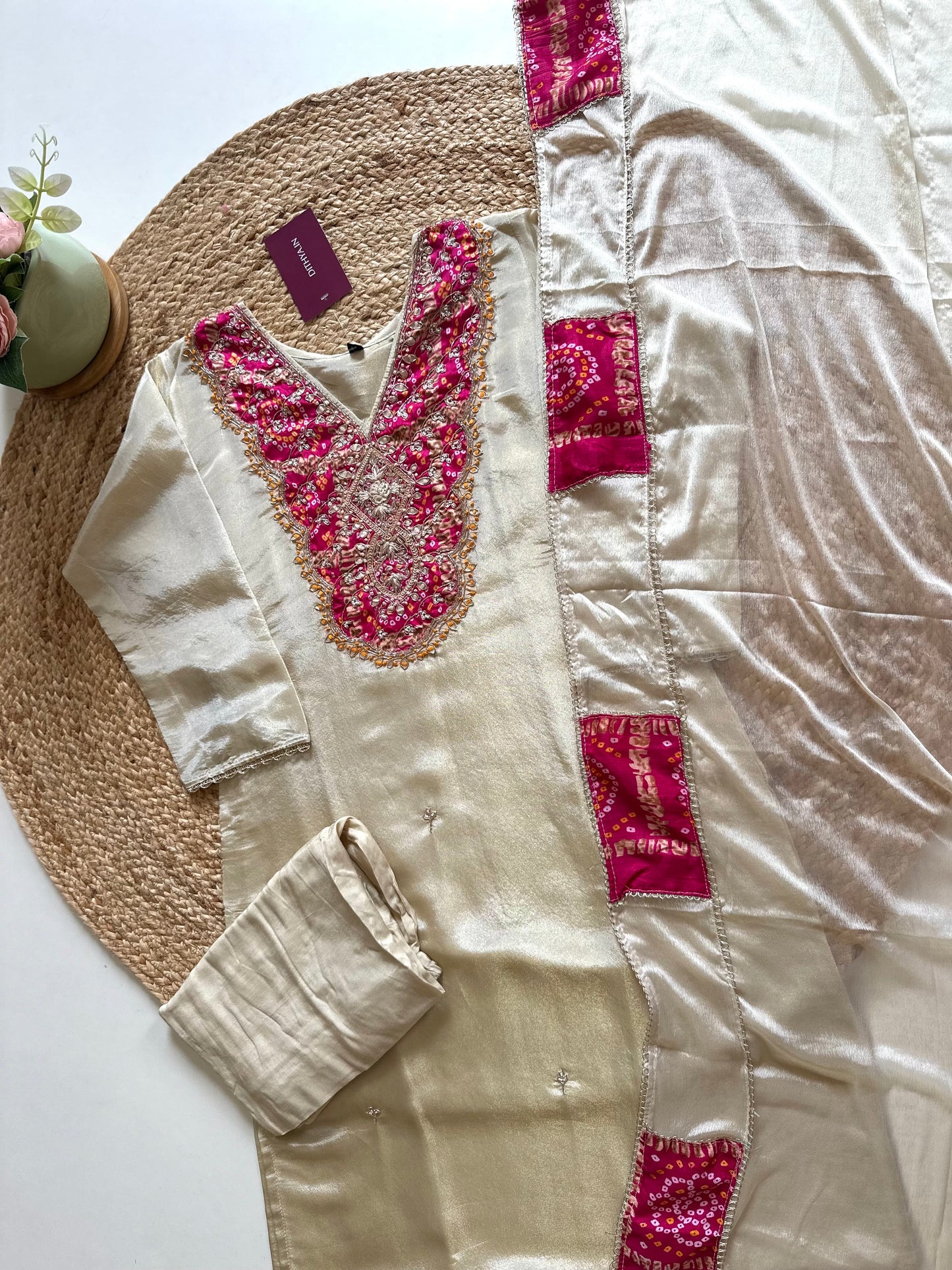 K047 - Tissue silk Bandhini Print straight kurti with parallel pants and dupatta