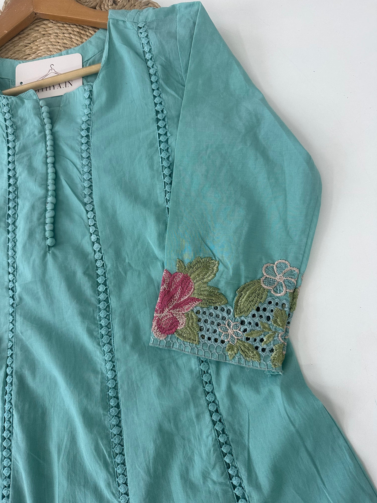 K223 - Mul cotton embroidered Aline Kurti with pants and dupatta
