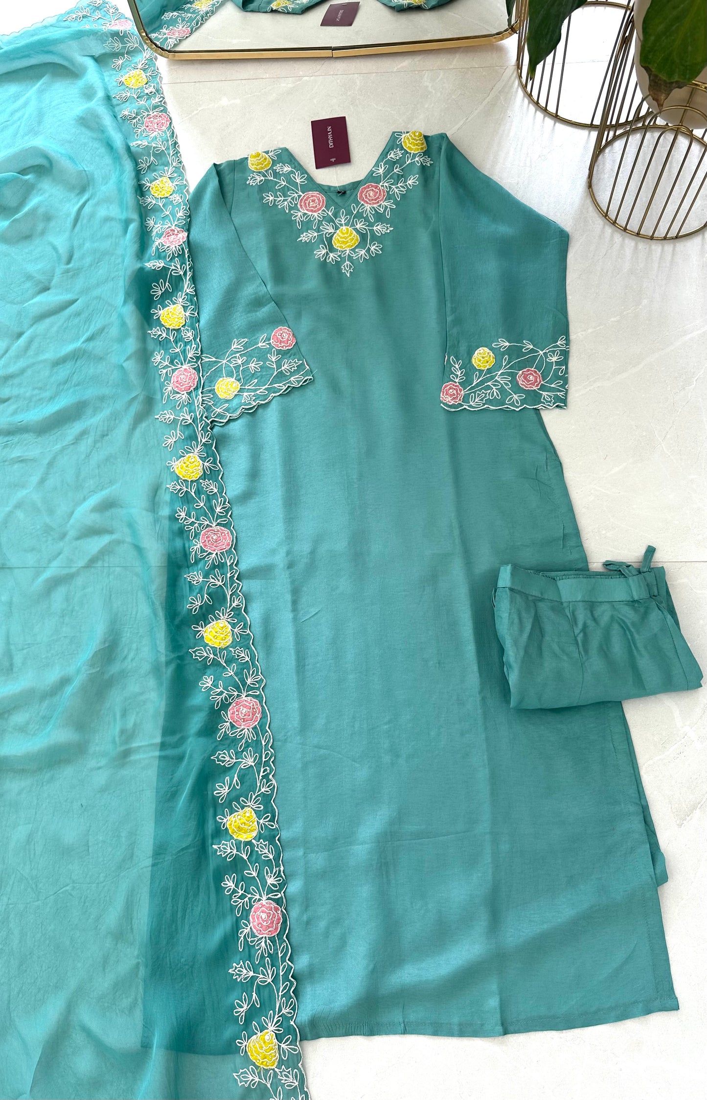 K361 - Russian silk appliqué work straight Kurti with pants and Dupatta in 2 colours