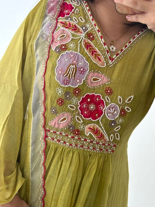 K366 - Mul Chanderi handwork Anarkali with pants and dupatta