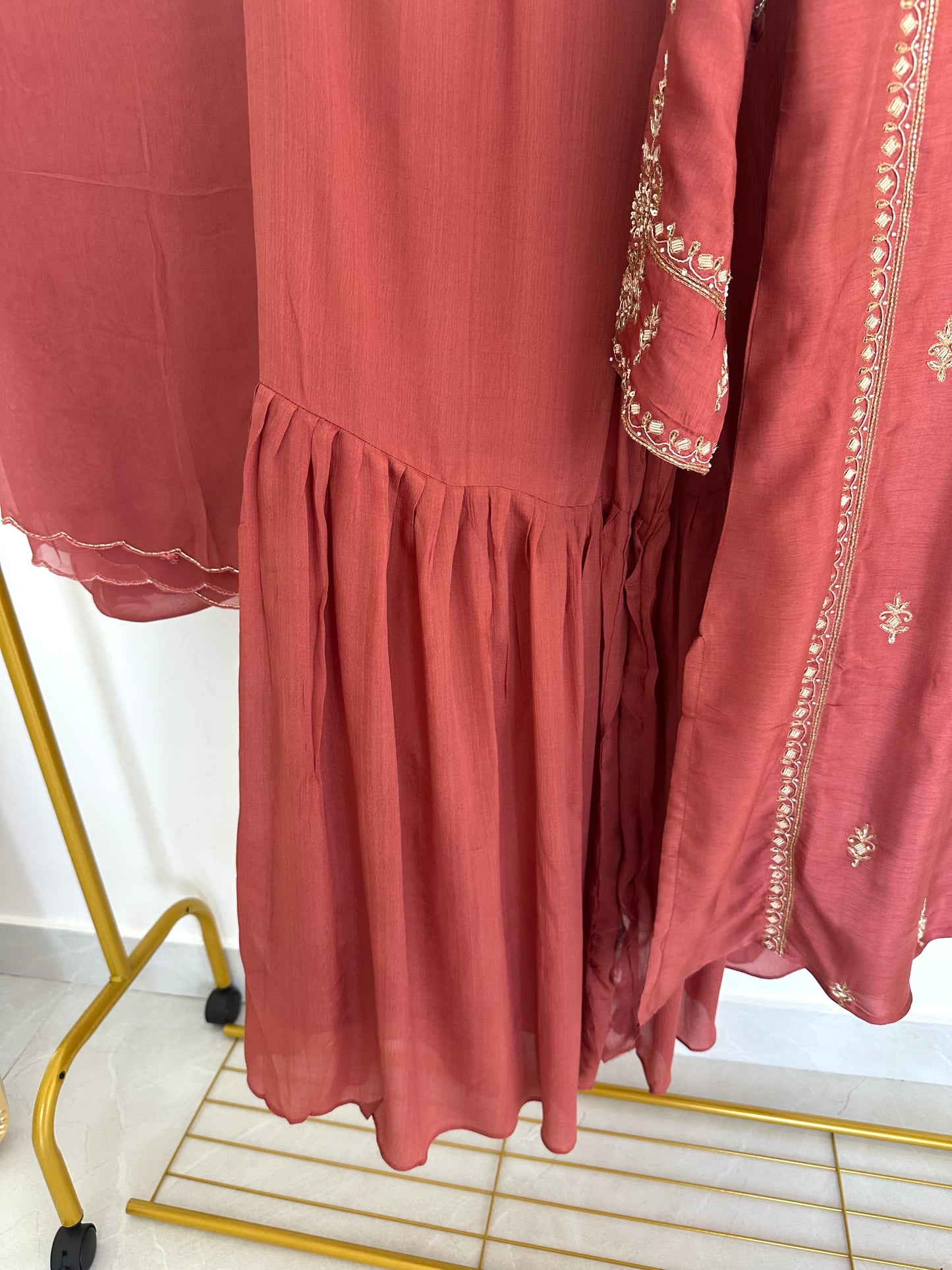 K358 - Russian silk handwork Short Kurti with sharara and dupatta