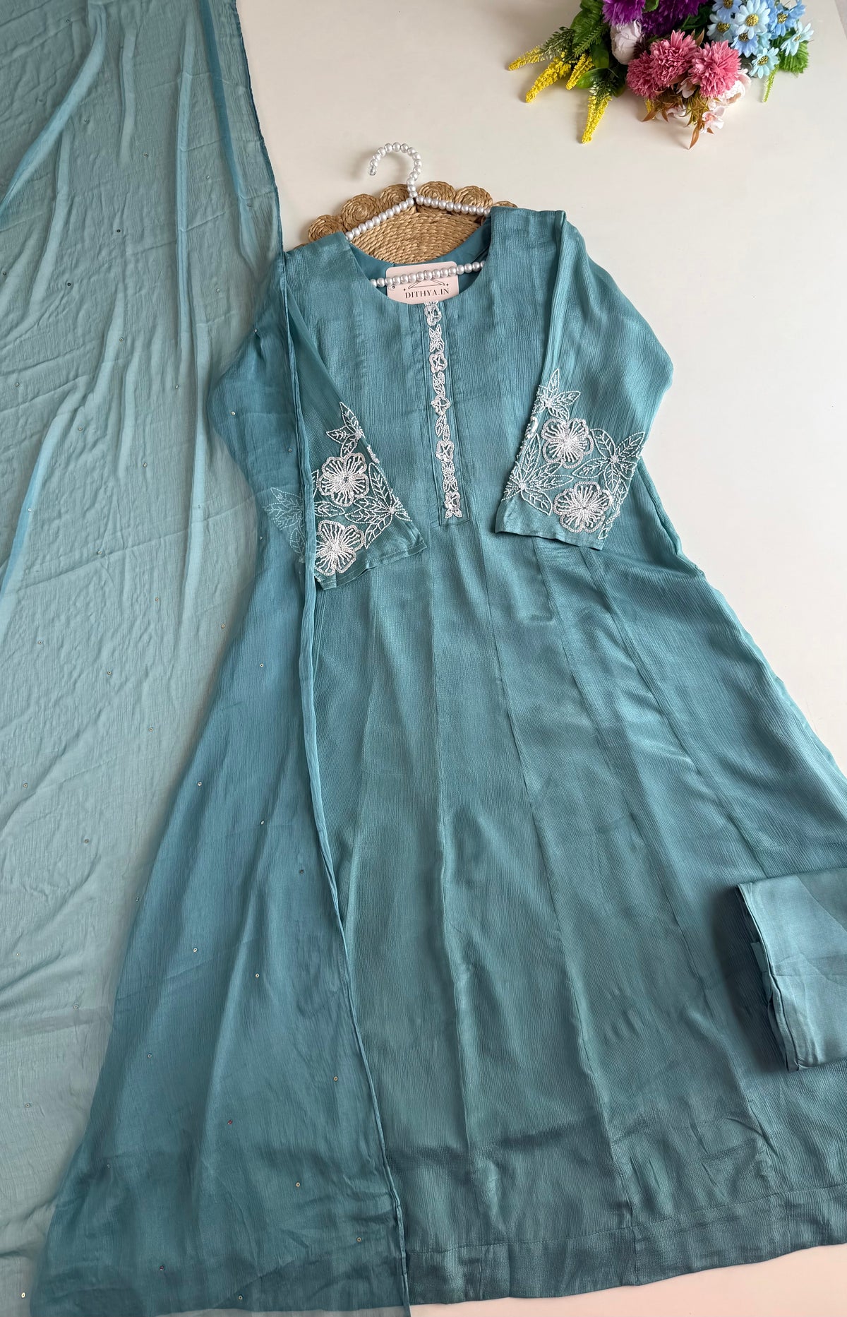 K007 - Pure Chinnon handwork Anarkali with pants and dupatta
