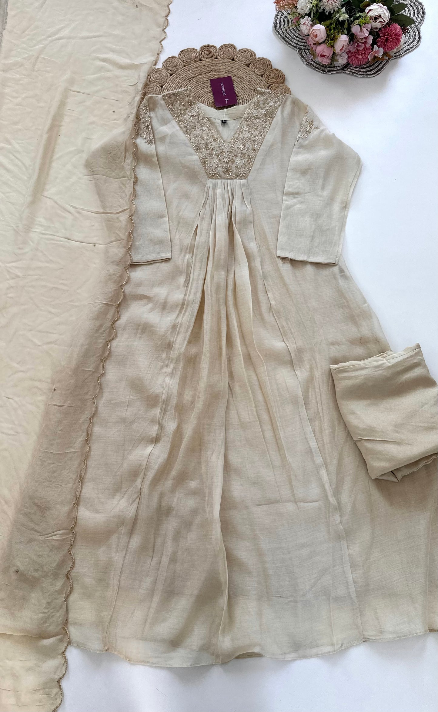 K191 - Mul Chanderi handwork Aline Kurti with pants and dupatta in 3 colours