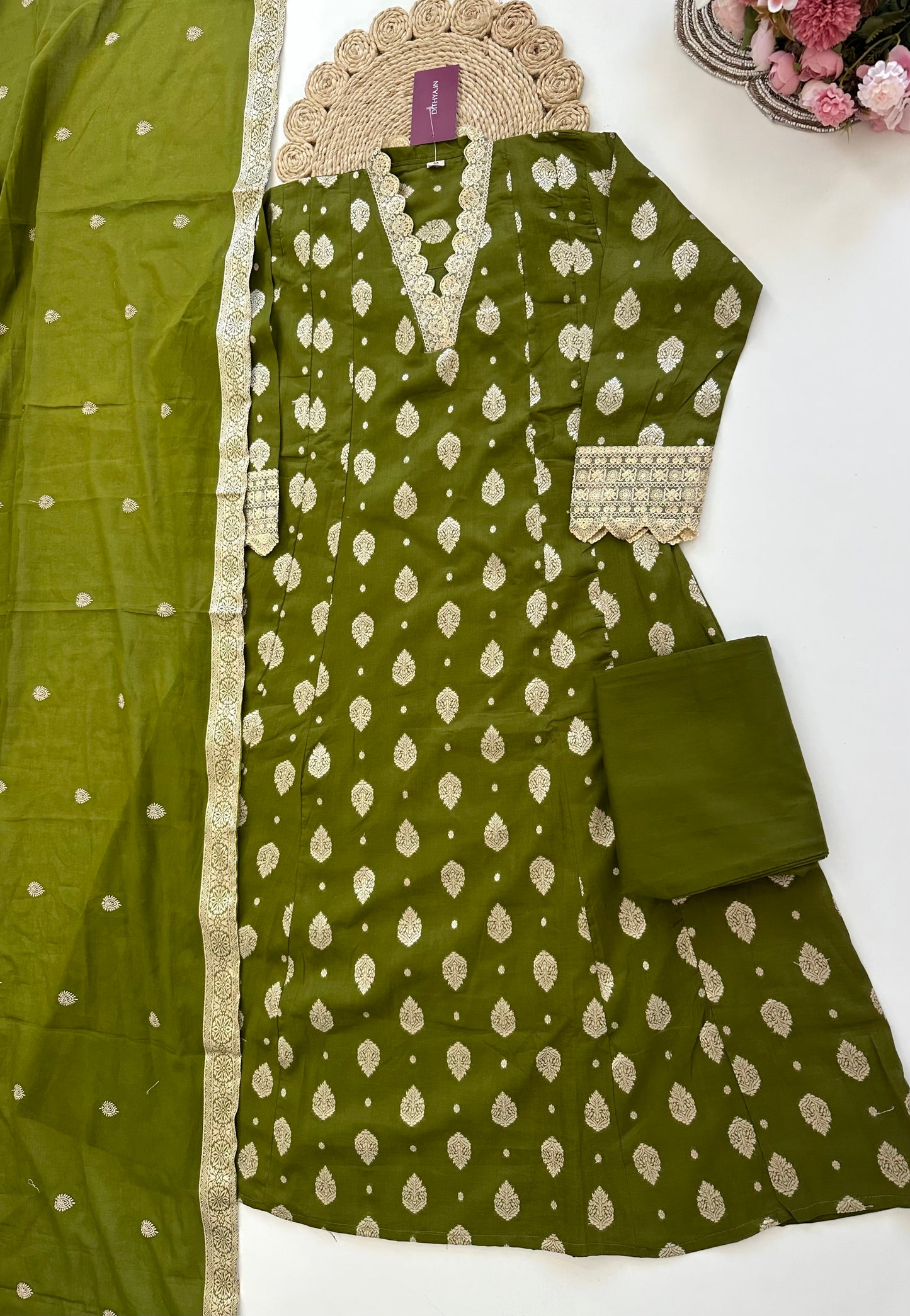 K094 - Cotton Jacquard Aline Kurti with pants and dupatta in 3 colours.