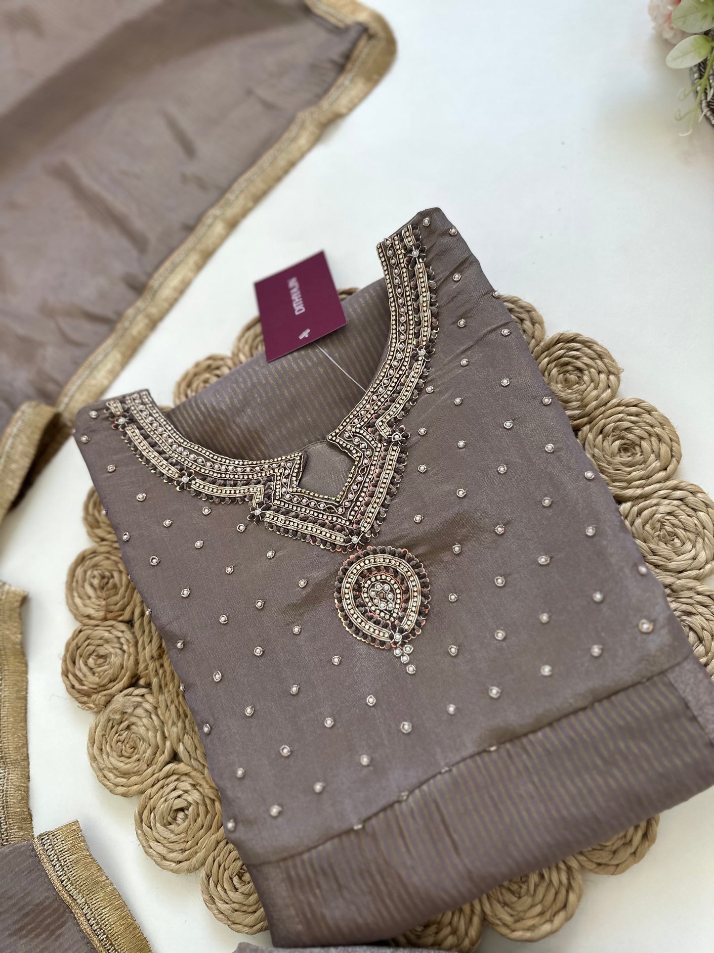 K128 - Tissue silk handwork Straight kurti with pants and dupatta .