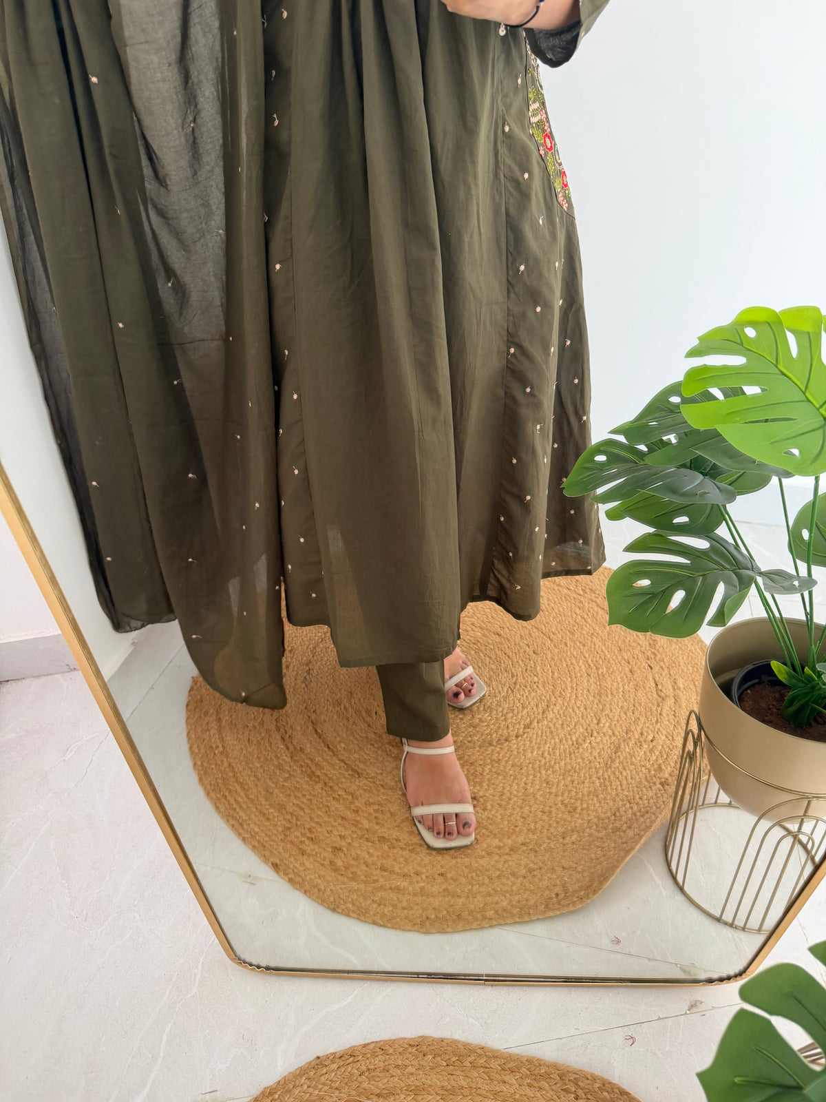 K100 - Mul cotton embroidered Anarkali with pants and dupatta