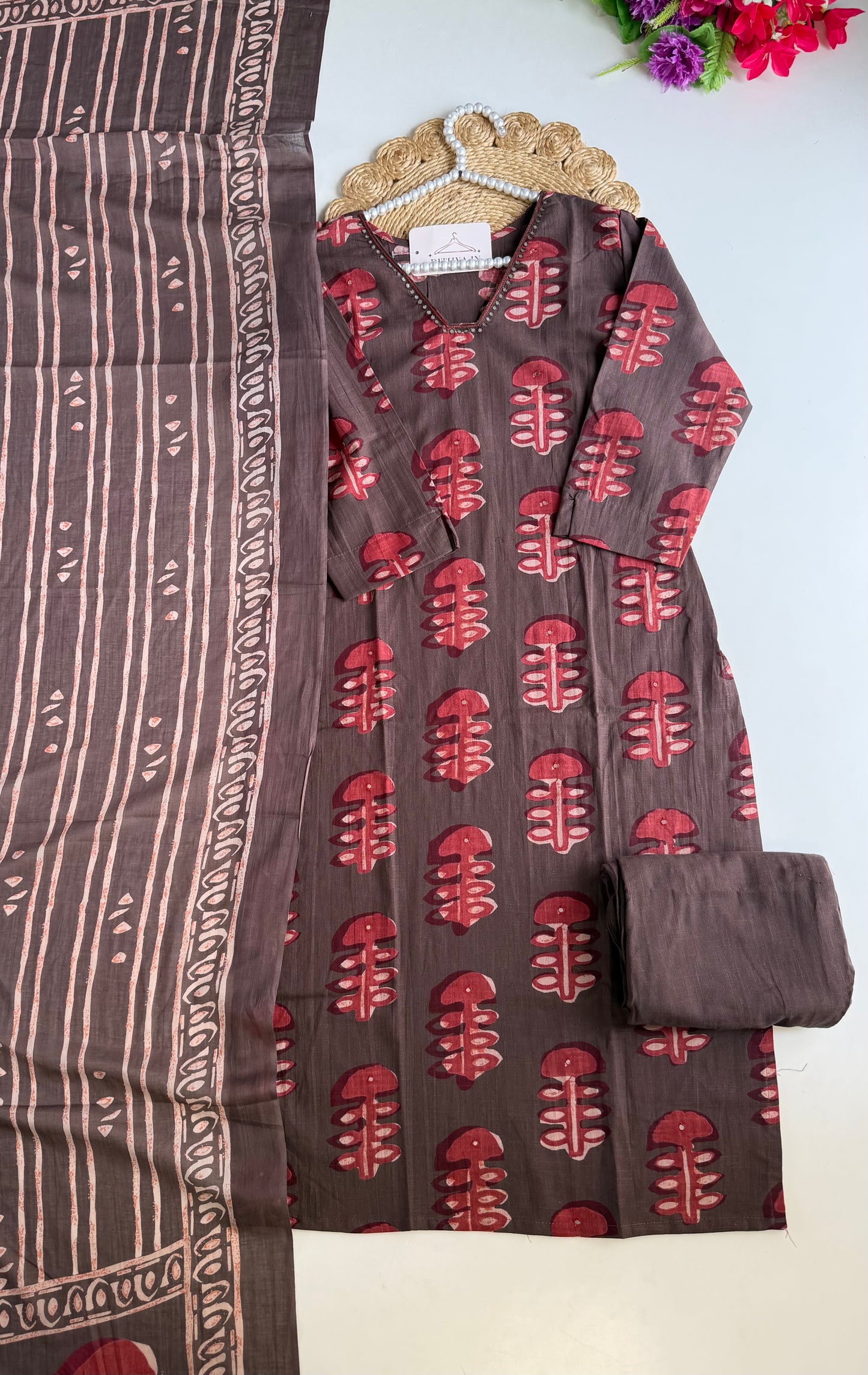K054 - Mul cotton printed Aline Kurti with pants and dupatta