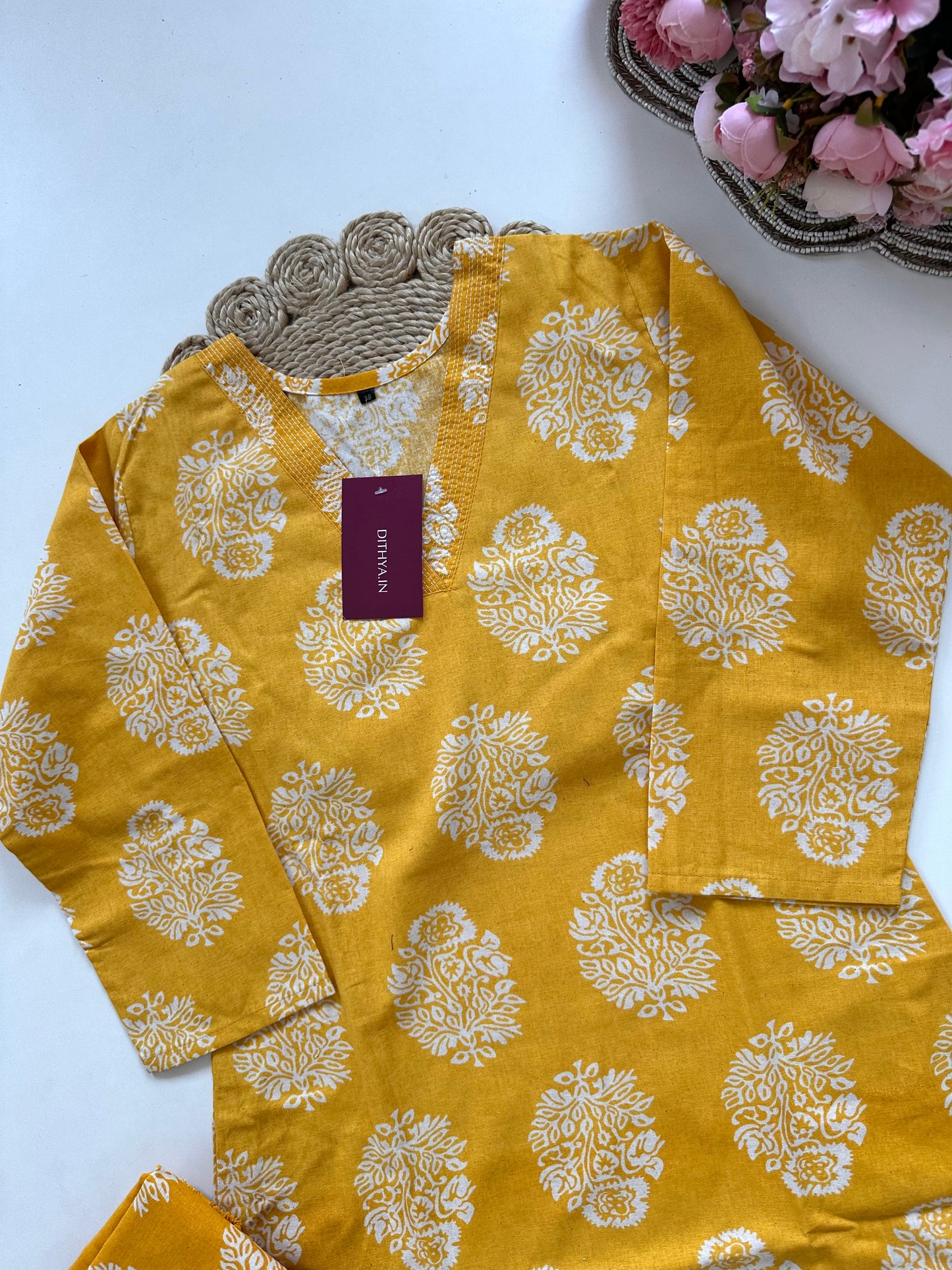 K395 - Cotton Aline Kurti with pants in 2 colours