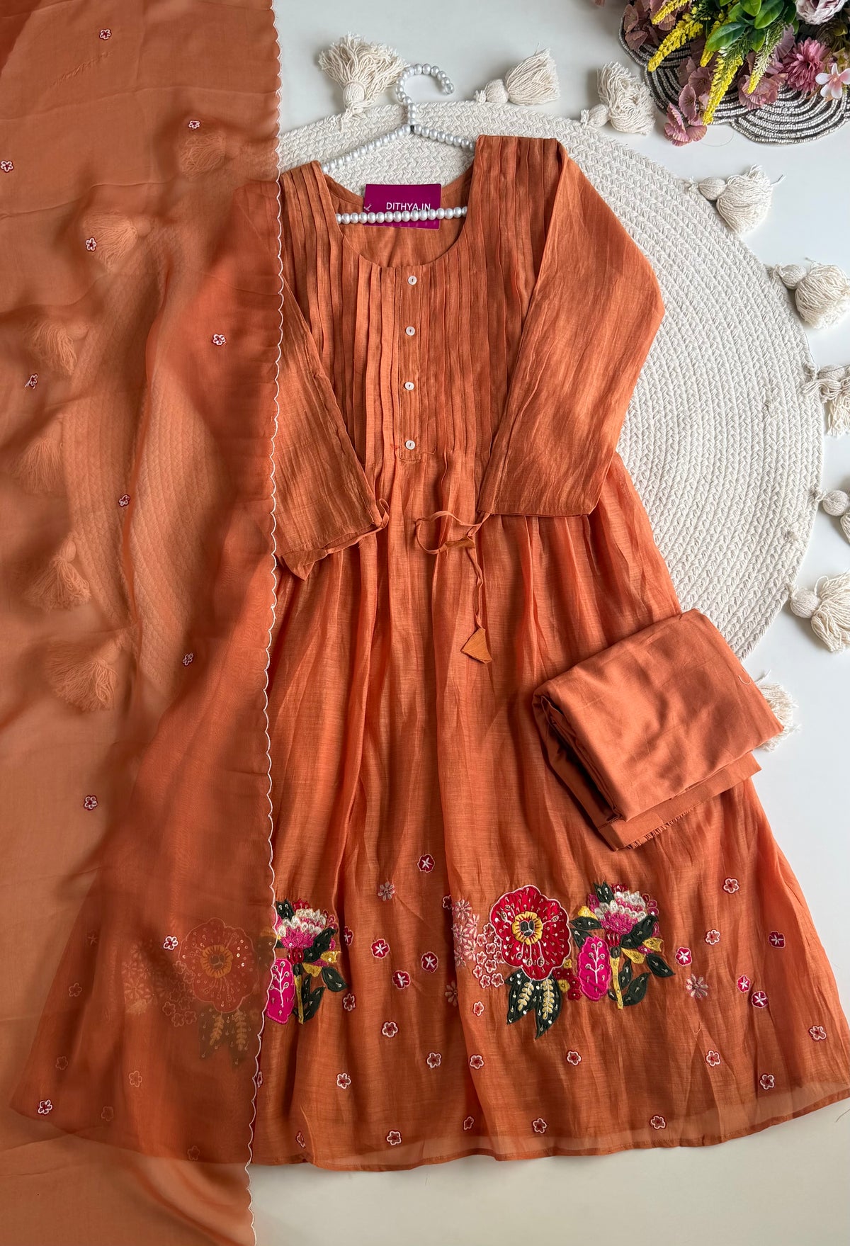 K154 - Mul chanderi handwork Anarkali with pants and dupatta