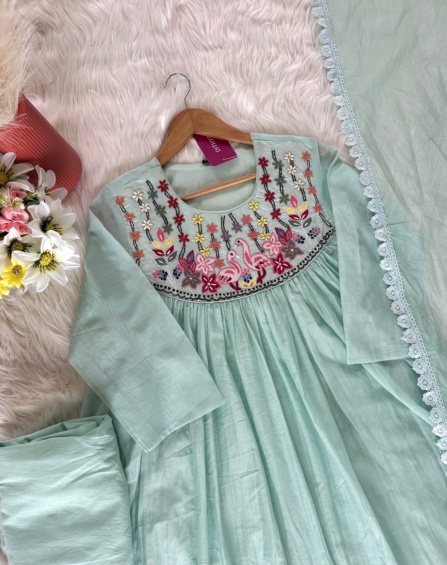 K376 - Mul Chanderi embroidered Aline Kurti with pants and dupatta
