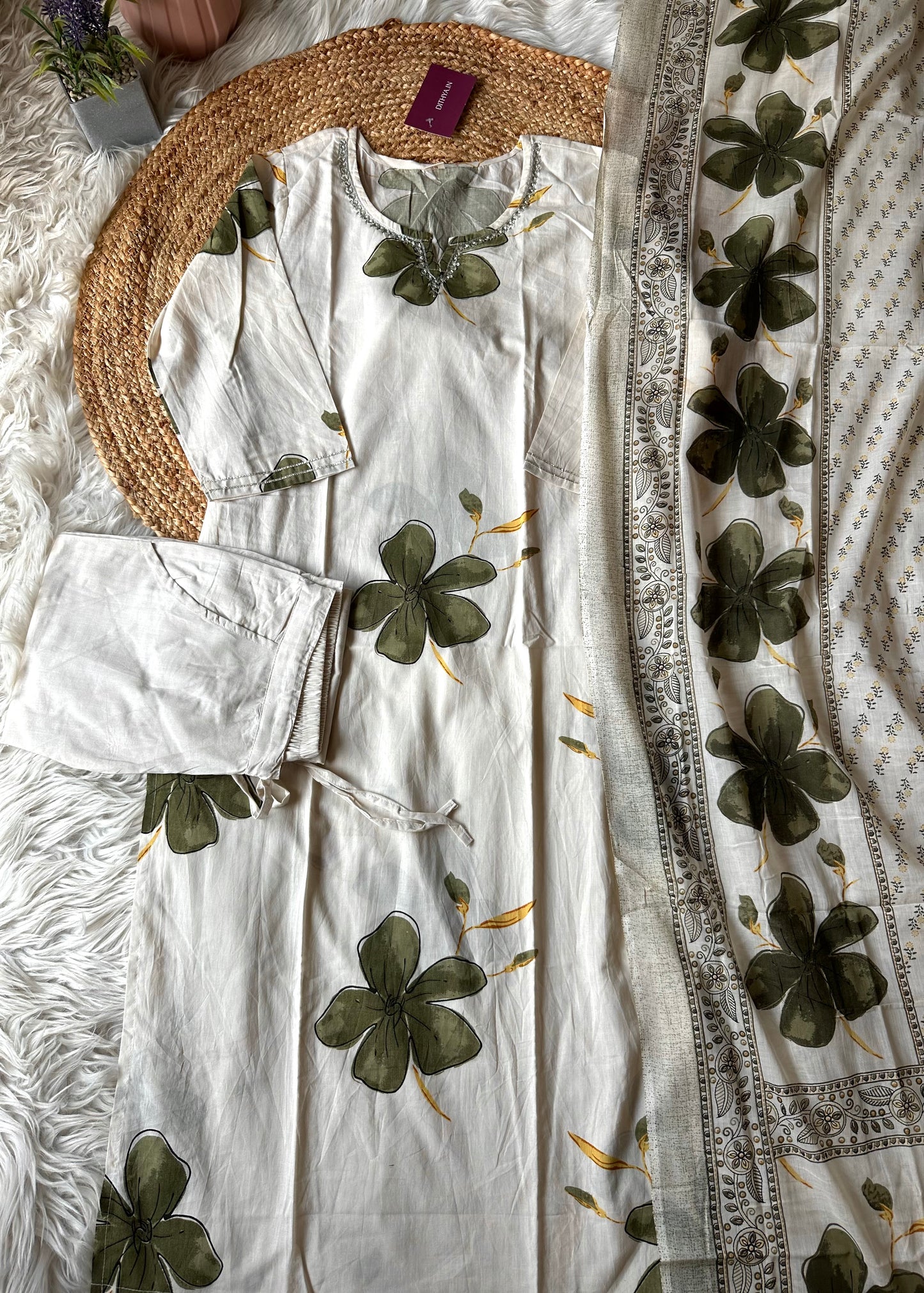 K262 - Cotton printed straight Kurti with pants and dupatta