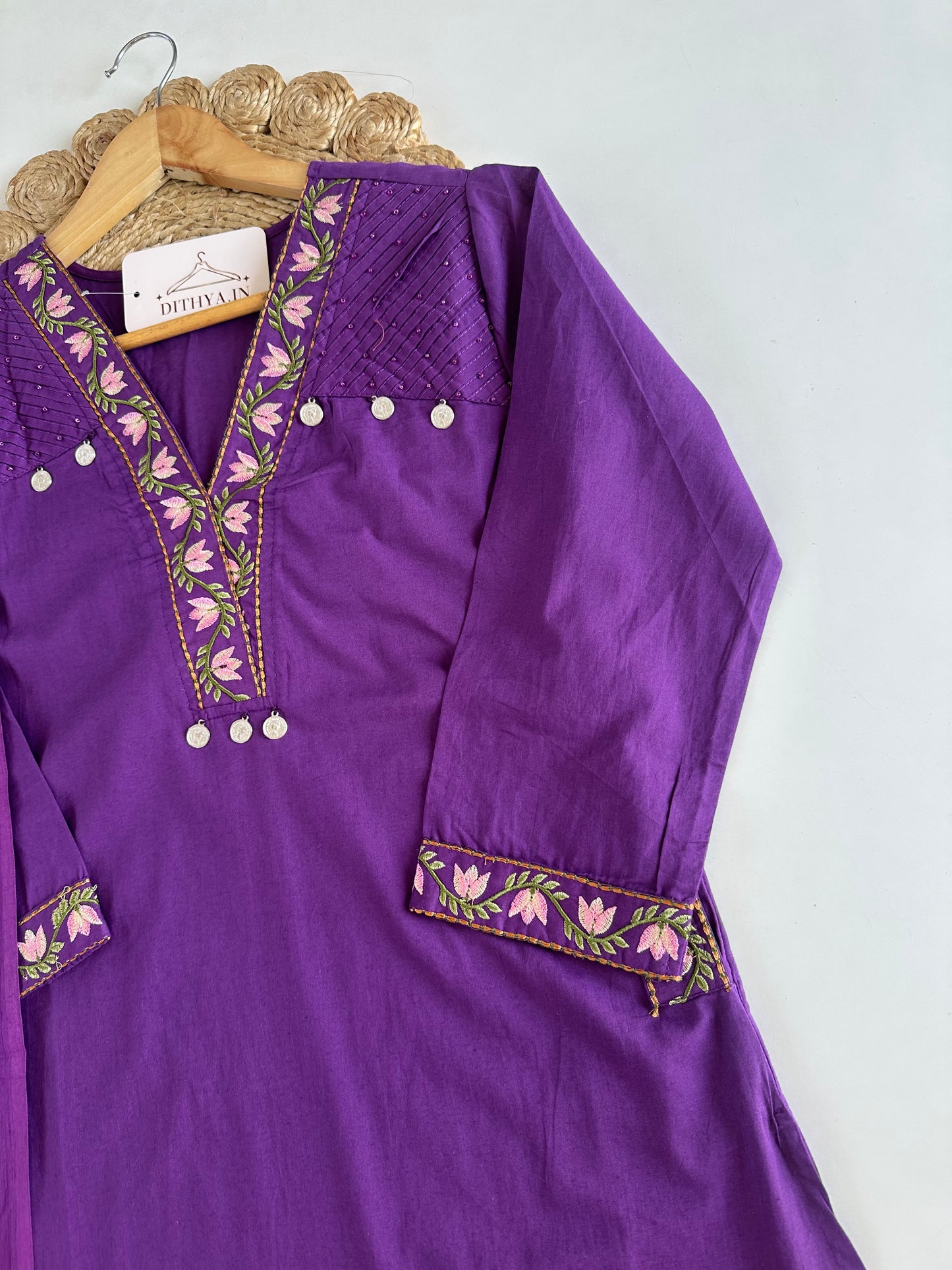 K690 - Mul cotton embroidered straight Kurti with pants and dupatta