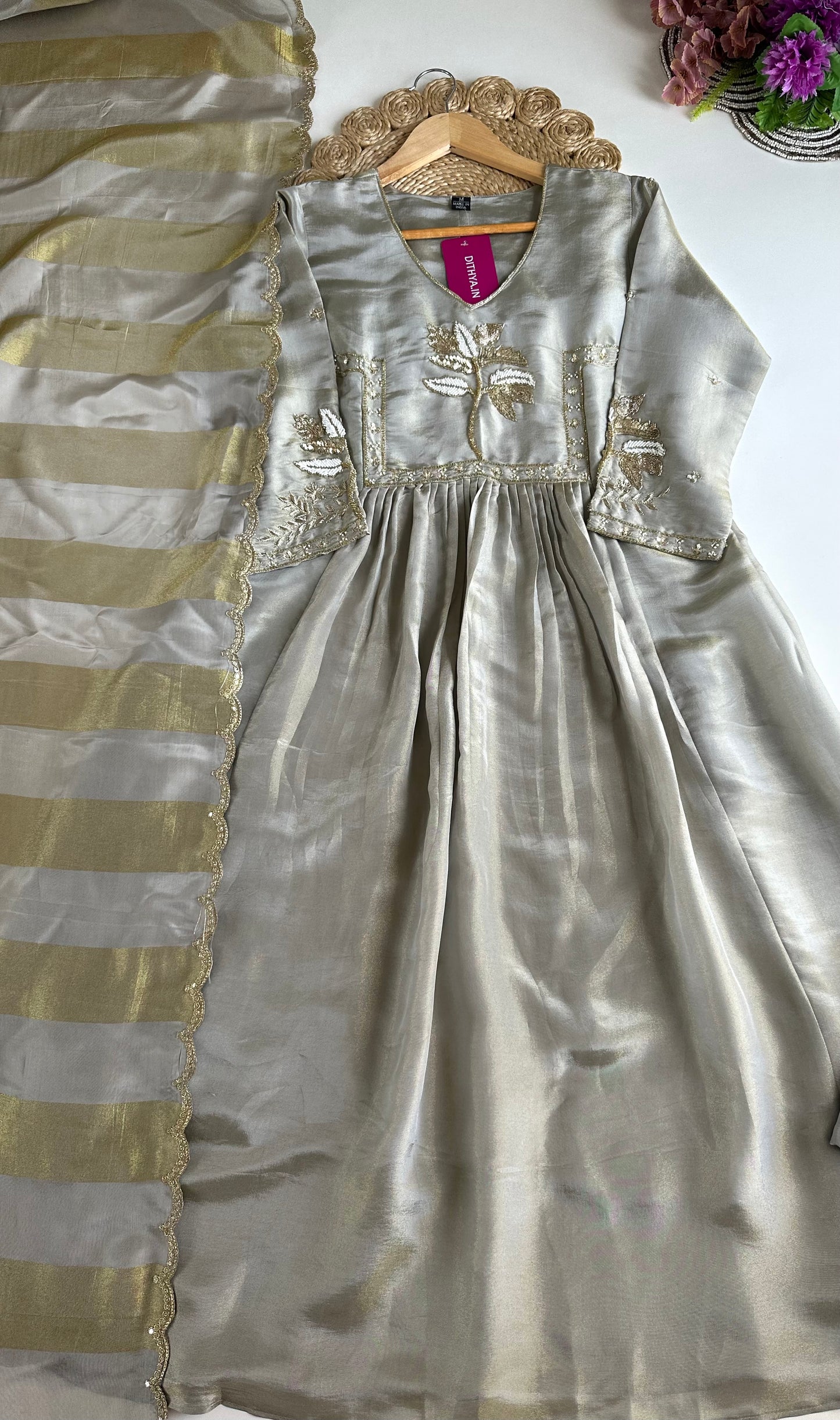 K135 - Tissue silk handwork Anarkali with pants and dupatta