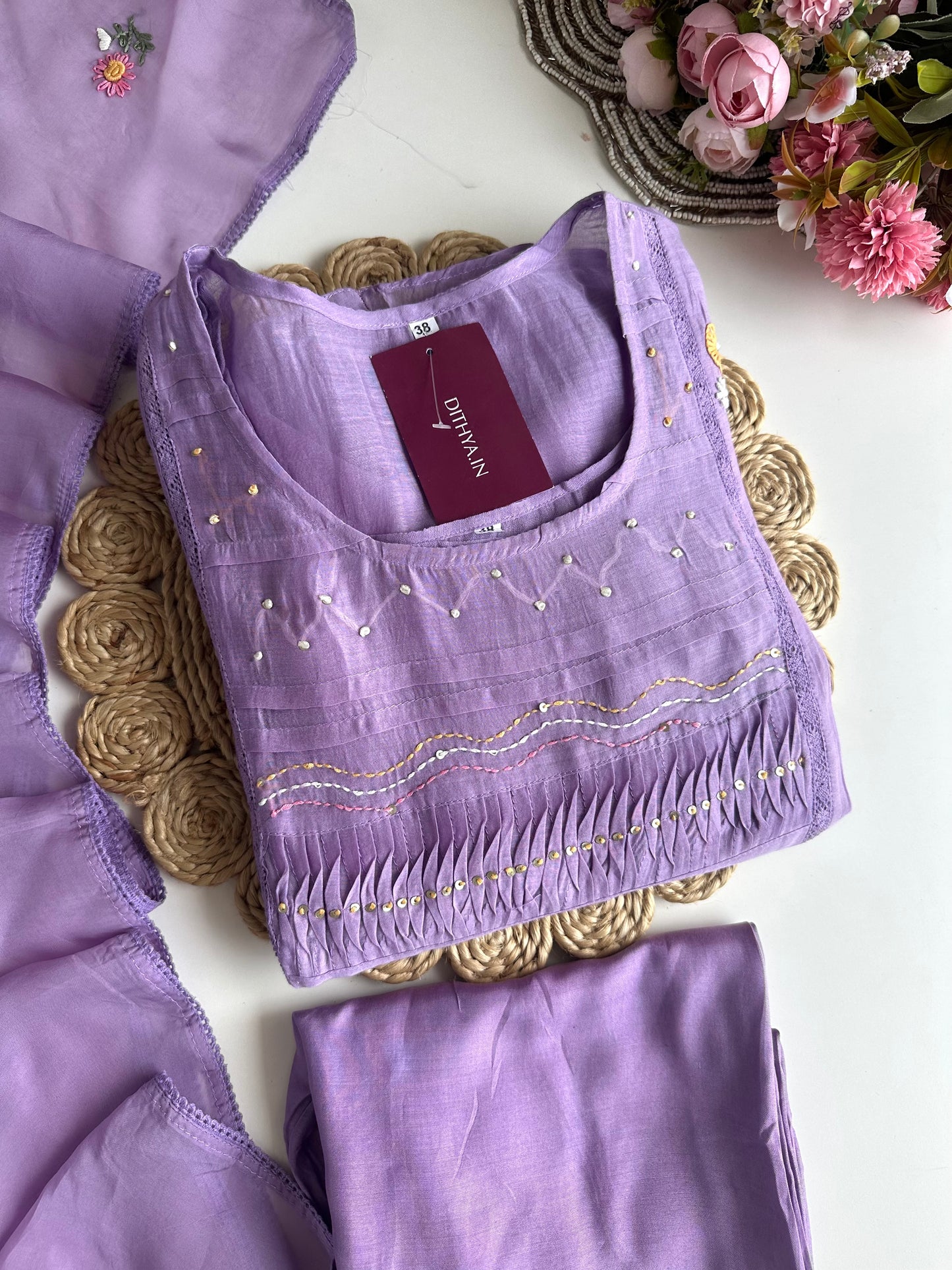 K043 - Mul chanderi embroidered Aline Kurti with pants and dupatta