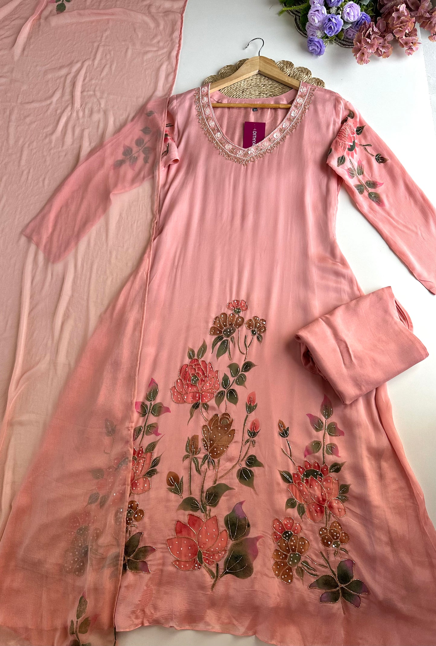 K252 - Chinnon handwork Aline Kurti with pants and dupatta