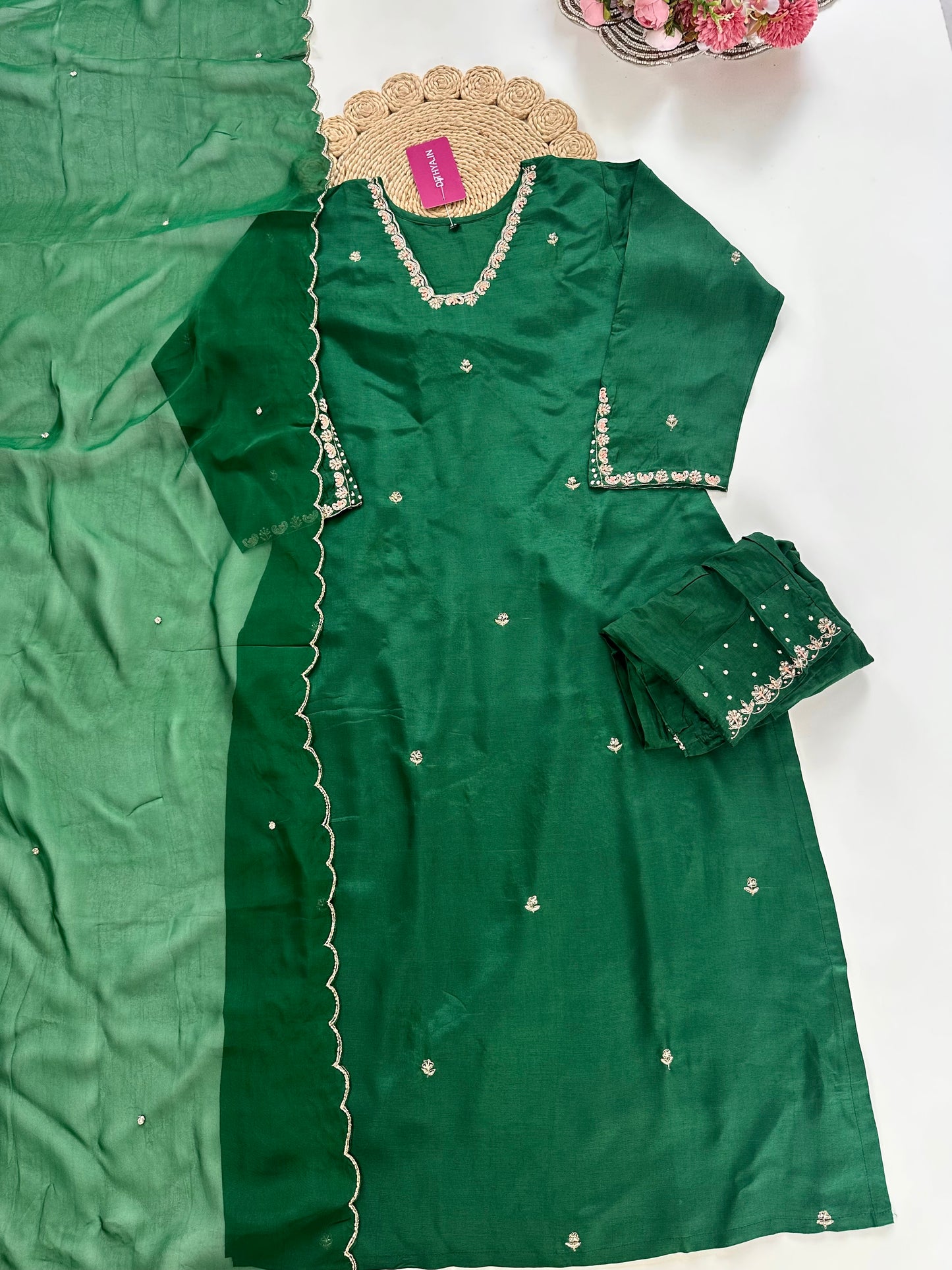 K010 - Dola silk handwork straight Kurti with pants and dupatta in 2 colours
