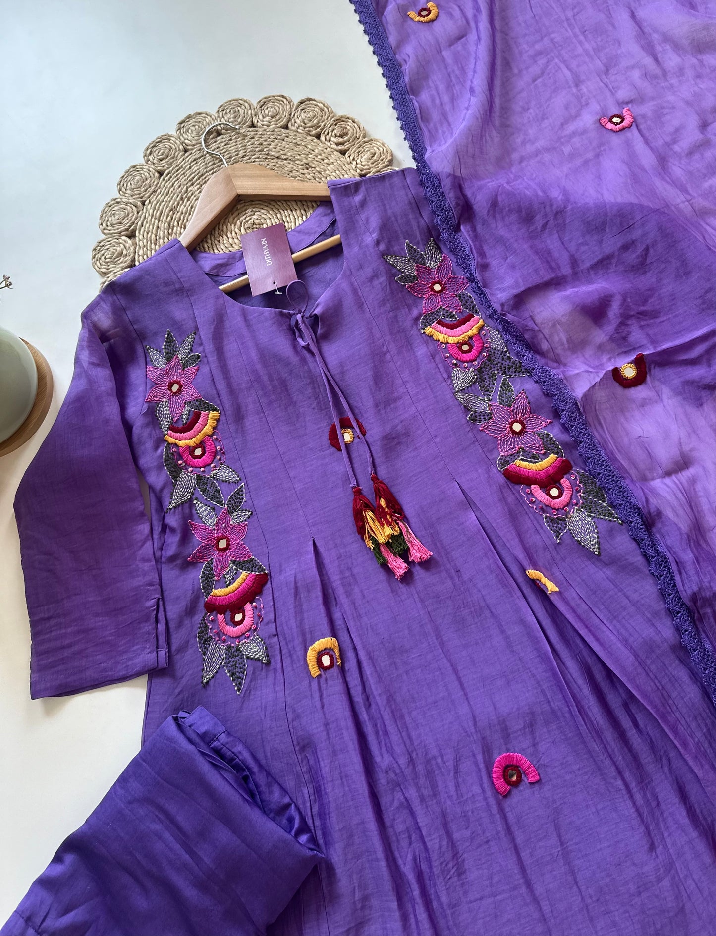 K107 - Mul Chanderi embroidered Aline Kurti with pants and dupatta.