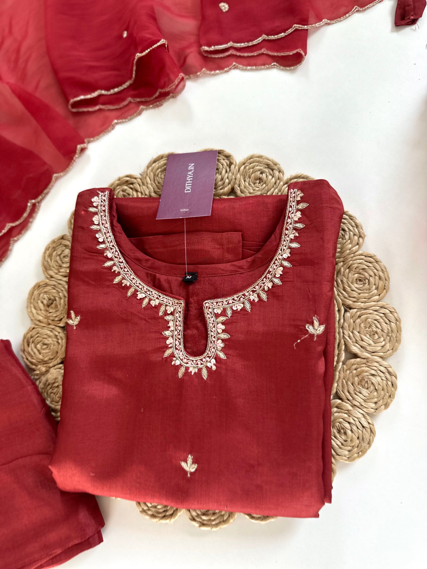 K324 - Russian silk handwork straight Kurti with pants and dupatta