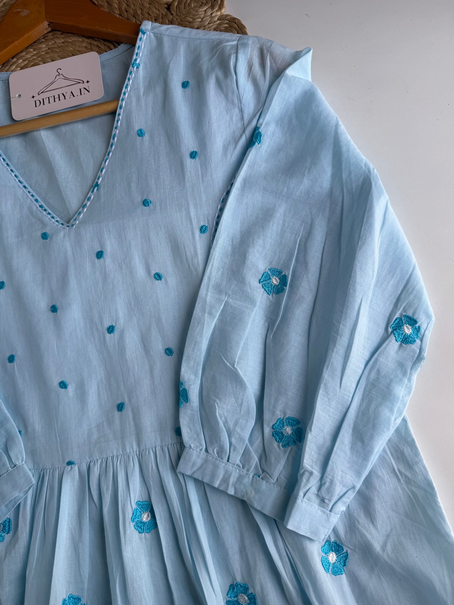 K714 - Mul cotton embroidered Aline Kurti with pants