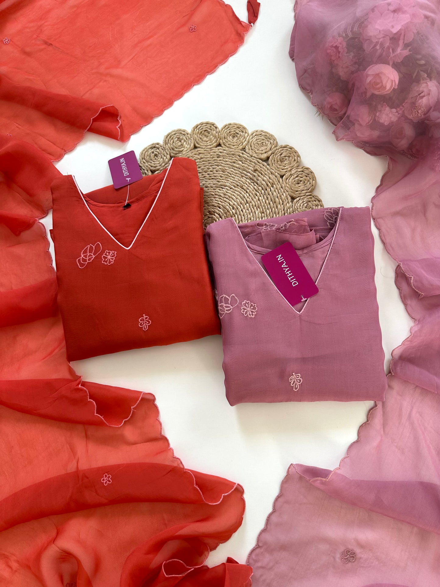 K225 - Pure viscose organza appliqué work Aline Kurti with pants and dupatta in 2 colours