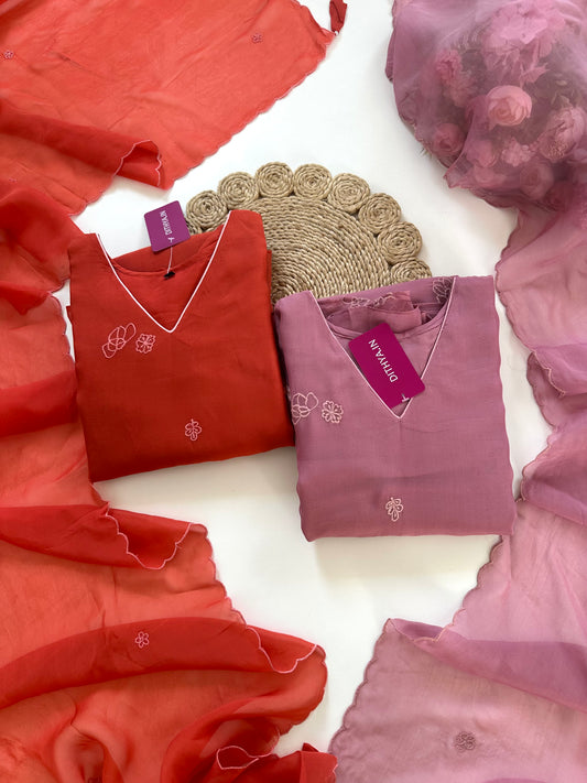 K225 - Pure viscose organza appliqué work Aline Kurti with pants and dupatta in 2 colours