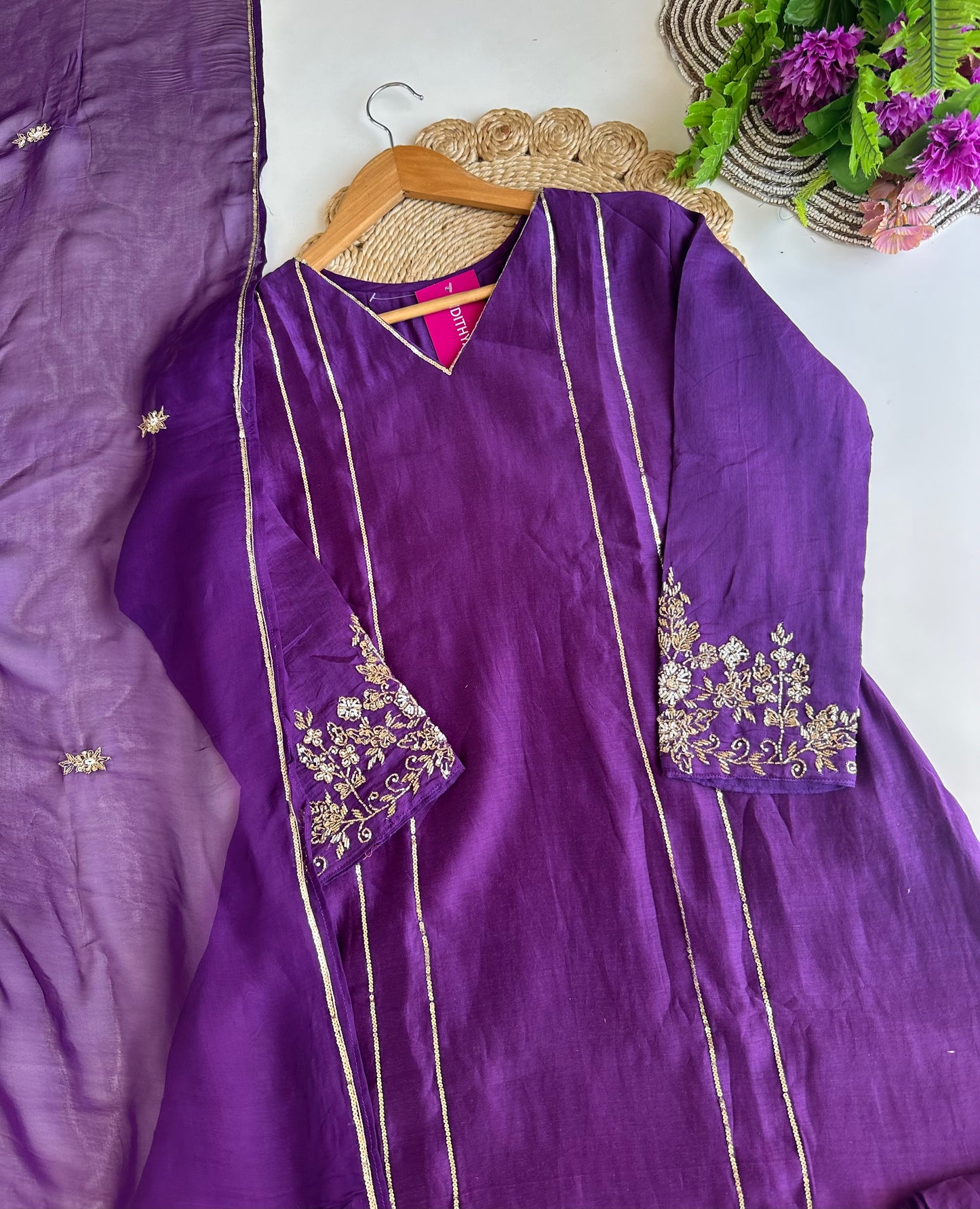 K070 - Mul Chanderi handwork Aline Kurti with pants and dupatta