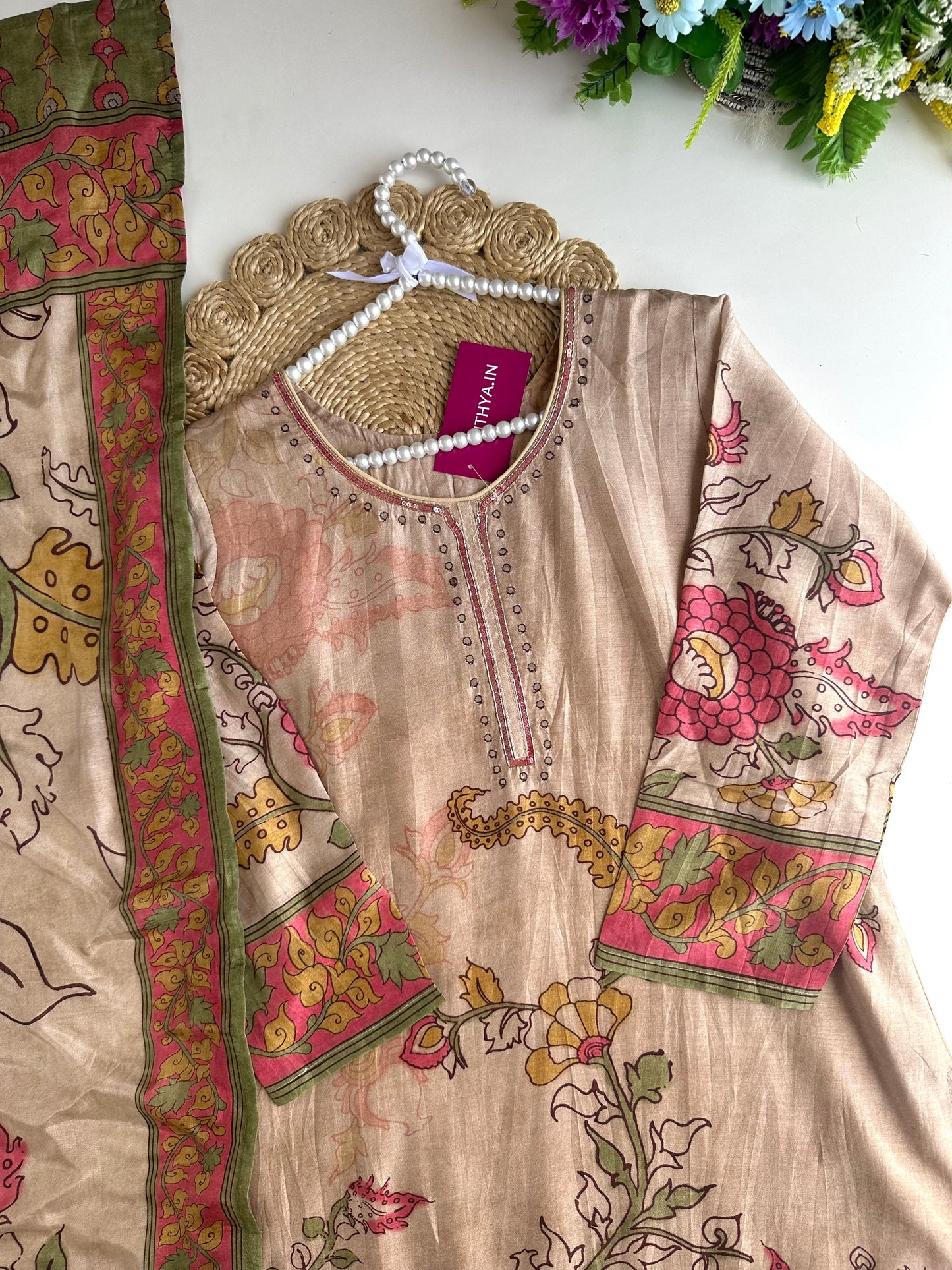 K010 - Pure muslin printed straight Kurti with pants and dupatta