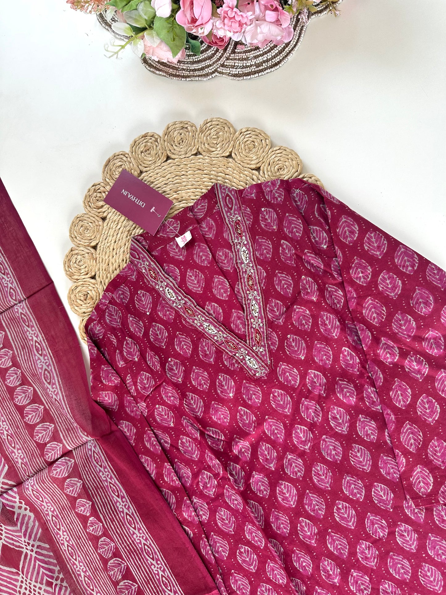 K384 - Cotton printed straight kurti with pants and dupatta.