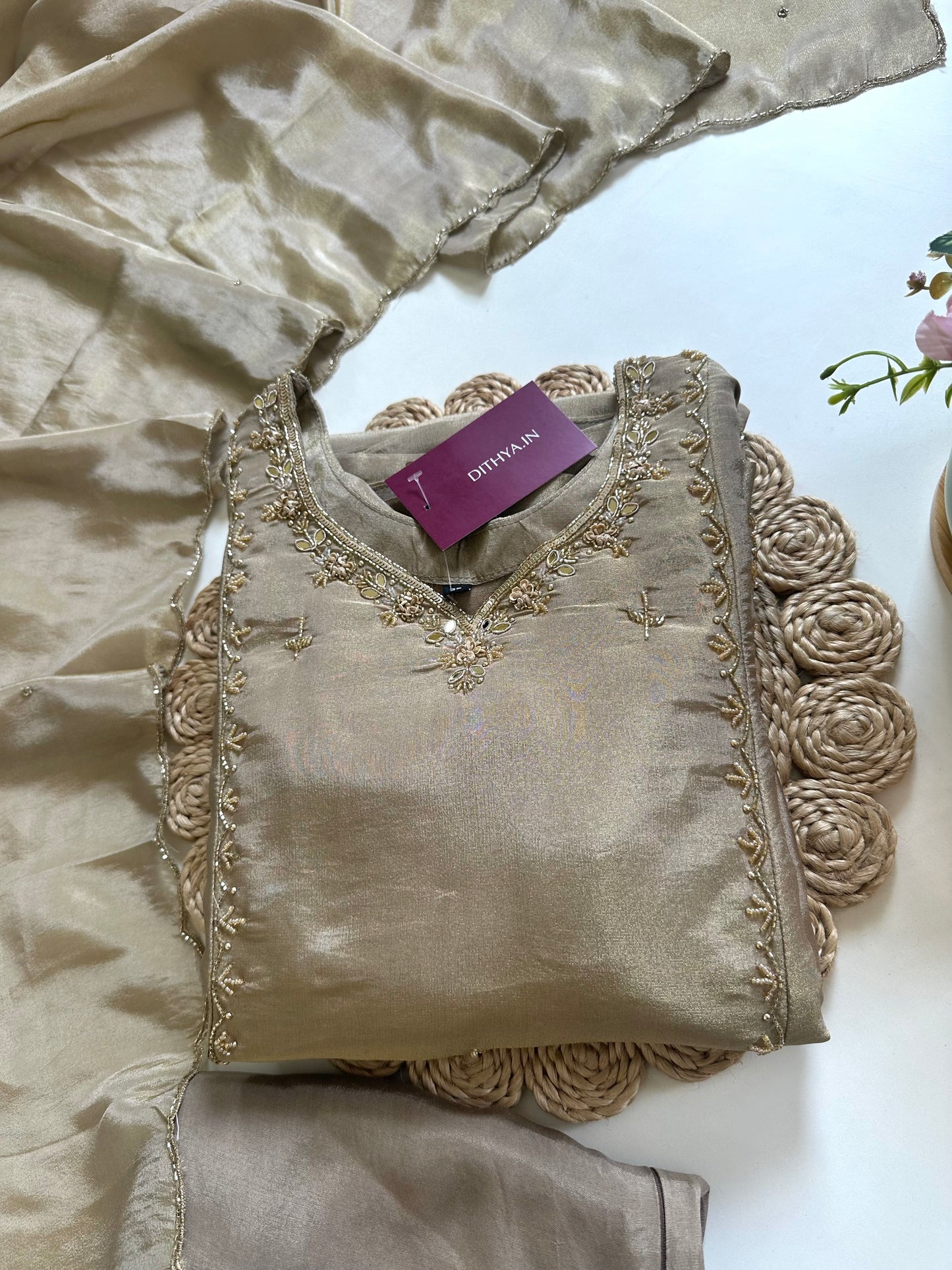 K280 - Tissue silk handwork Anarkali with pants and dupatta in 2 colours .