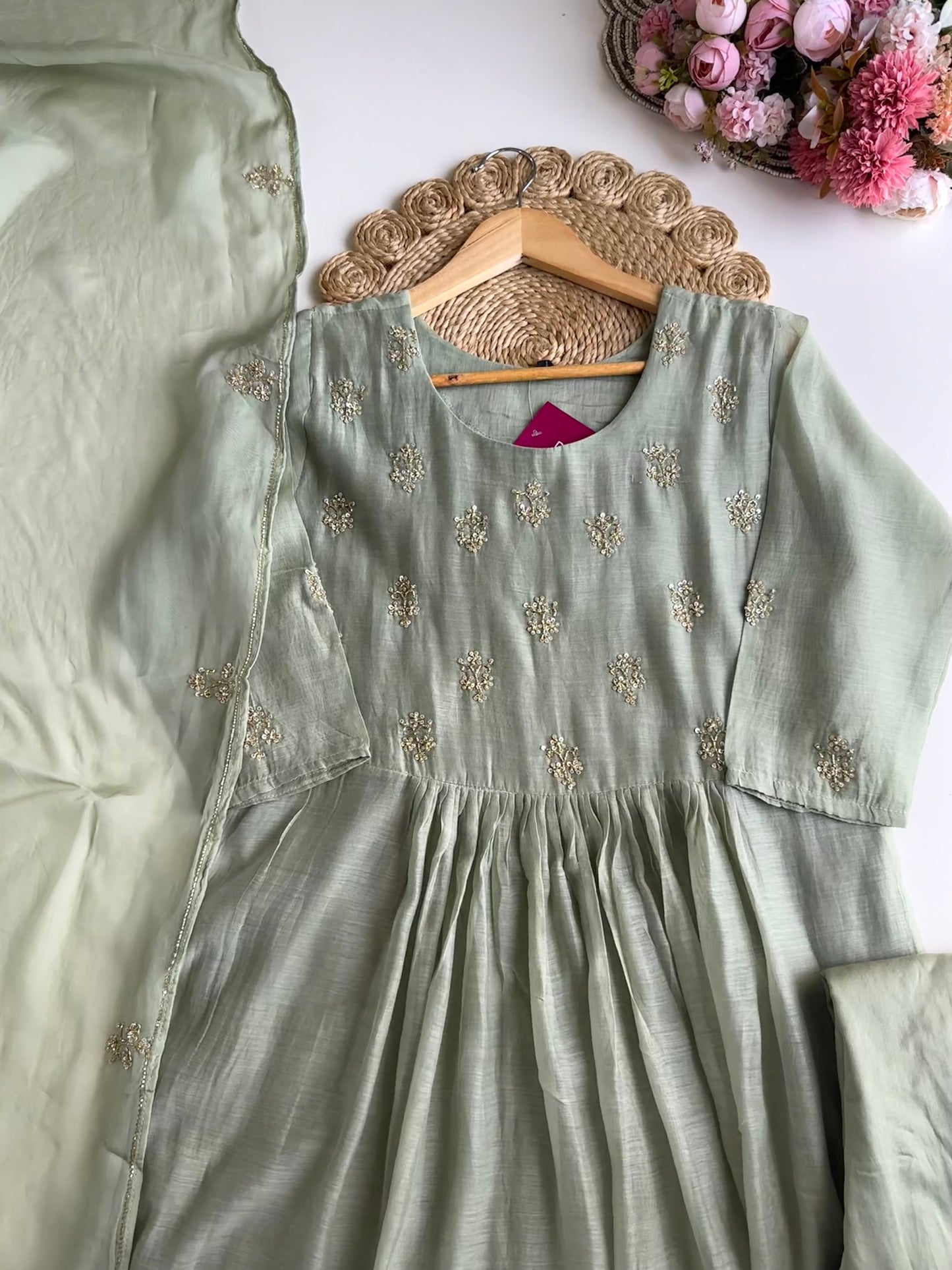 K424 - Mul Chanderi handwork Anarkali with pants and dupatta