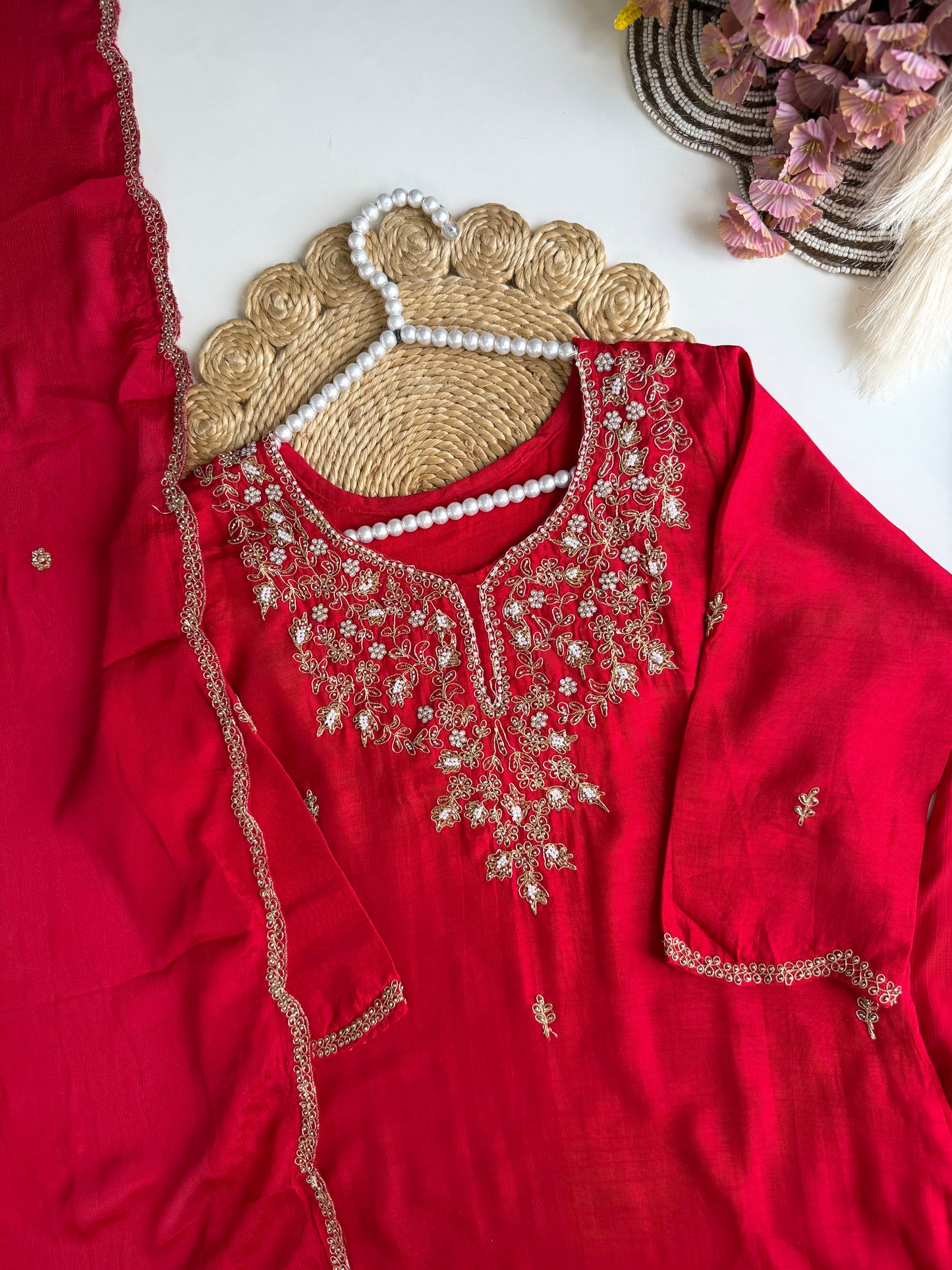 K501 - Russian silk handwork short Kurti with palazzo and dupatta