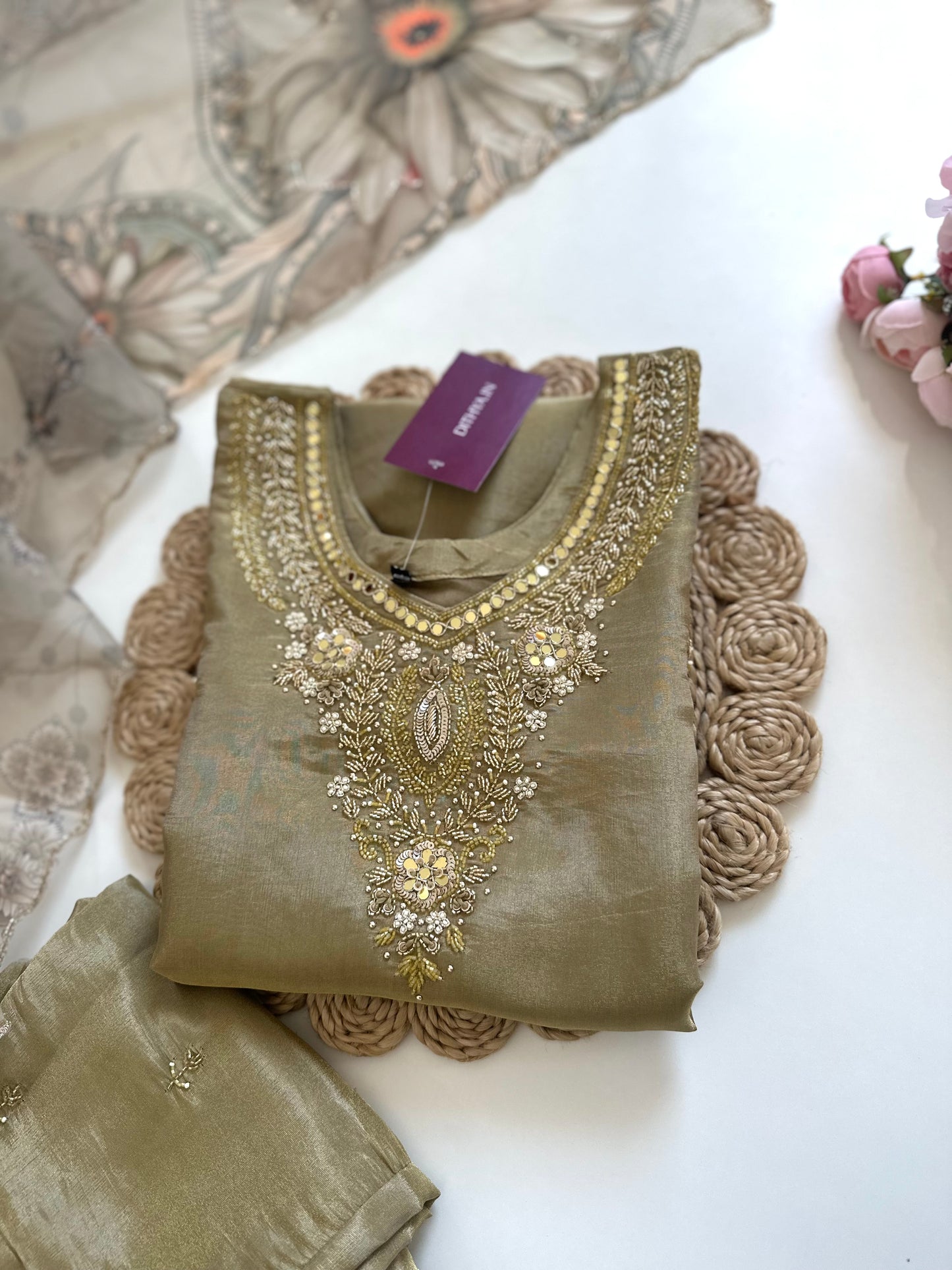 K122 - Tissue silk straight kurti with pants and dupatta.