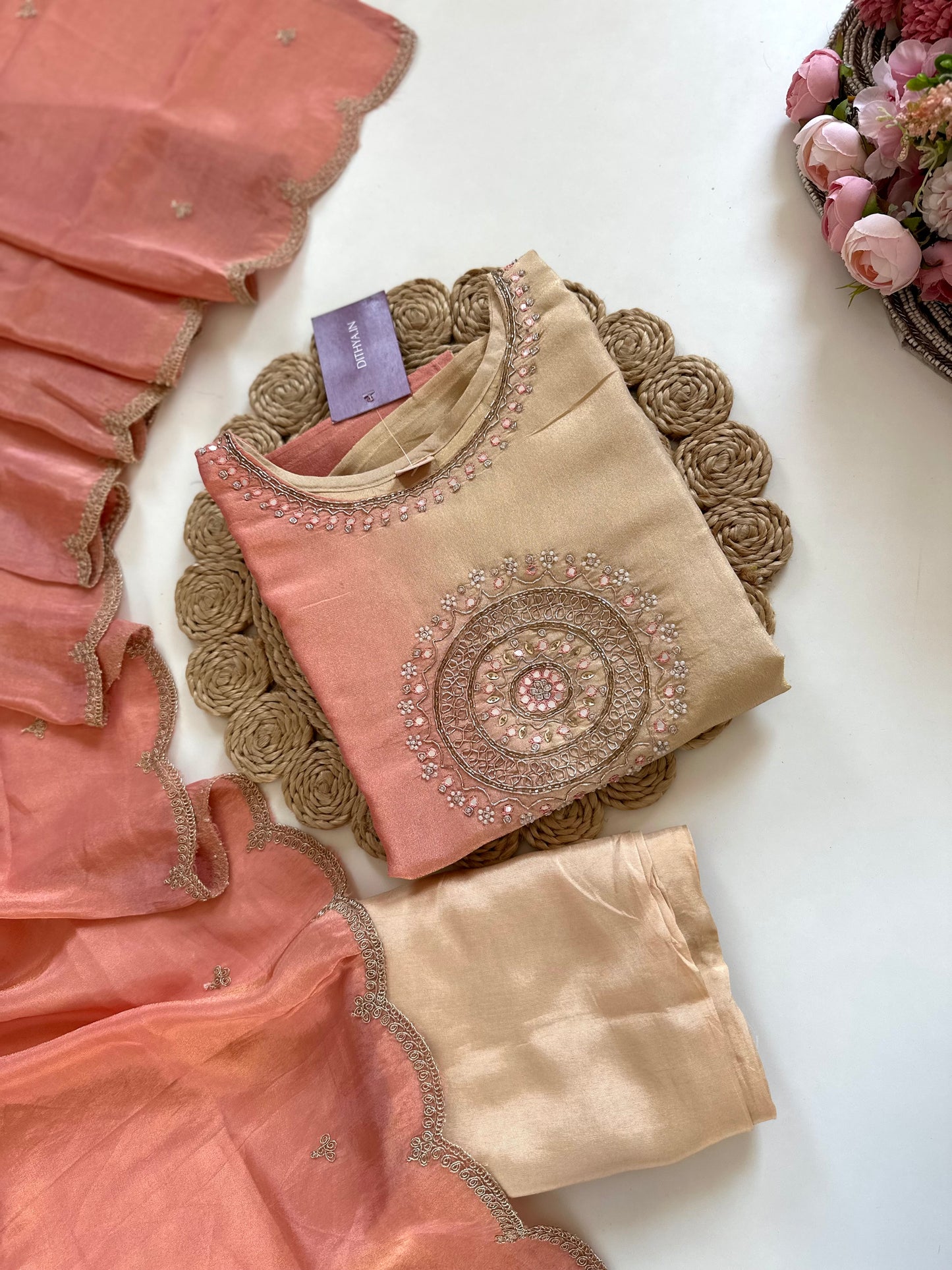 K132 - Tissue silk handwork straight kurti with pants and dupatta