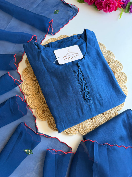 K193 - Mul chanderi handwork aline Kurti with pants and dupatta