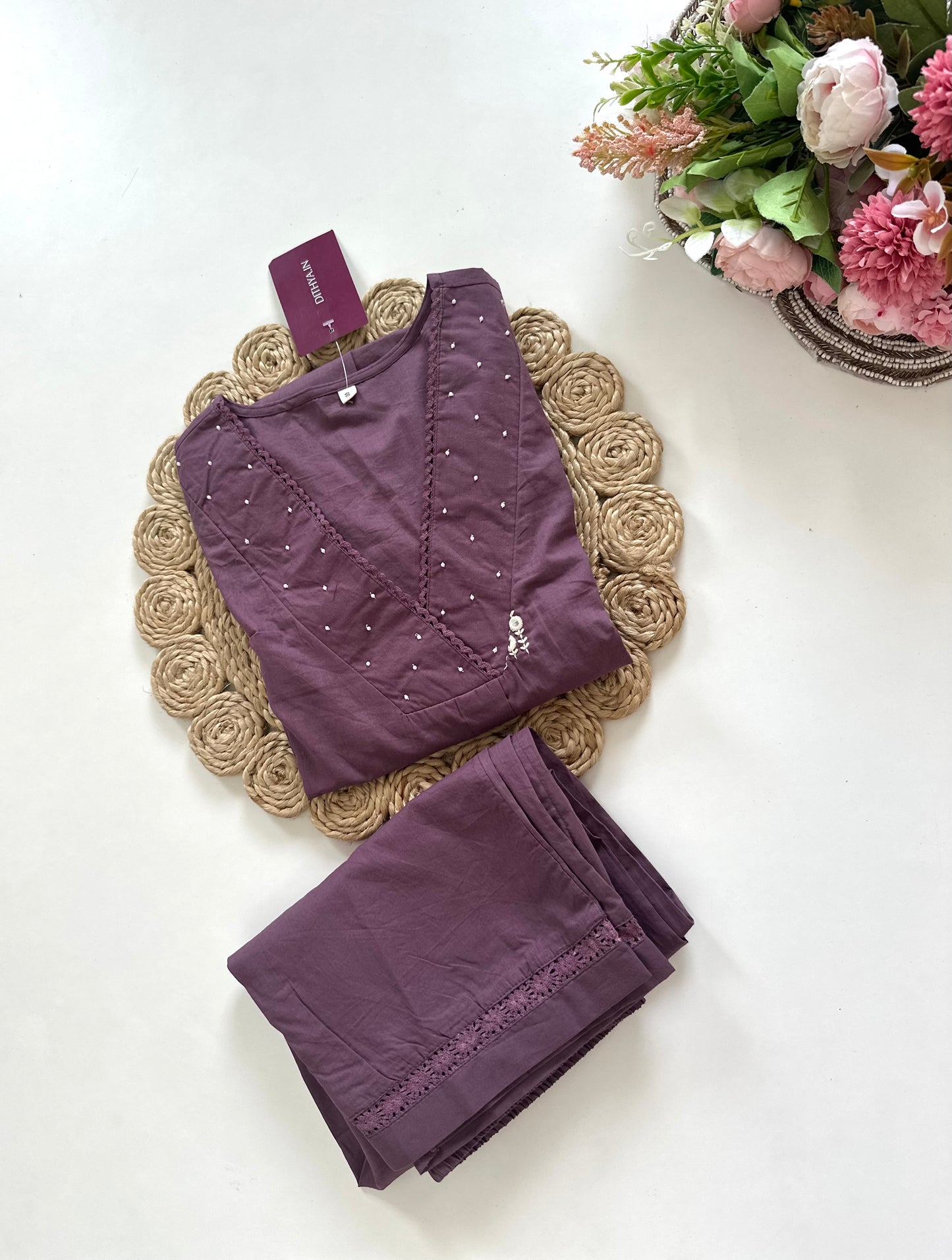 K104 - Cotton embroidered Aline Kurti with pants in 2 colours