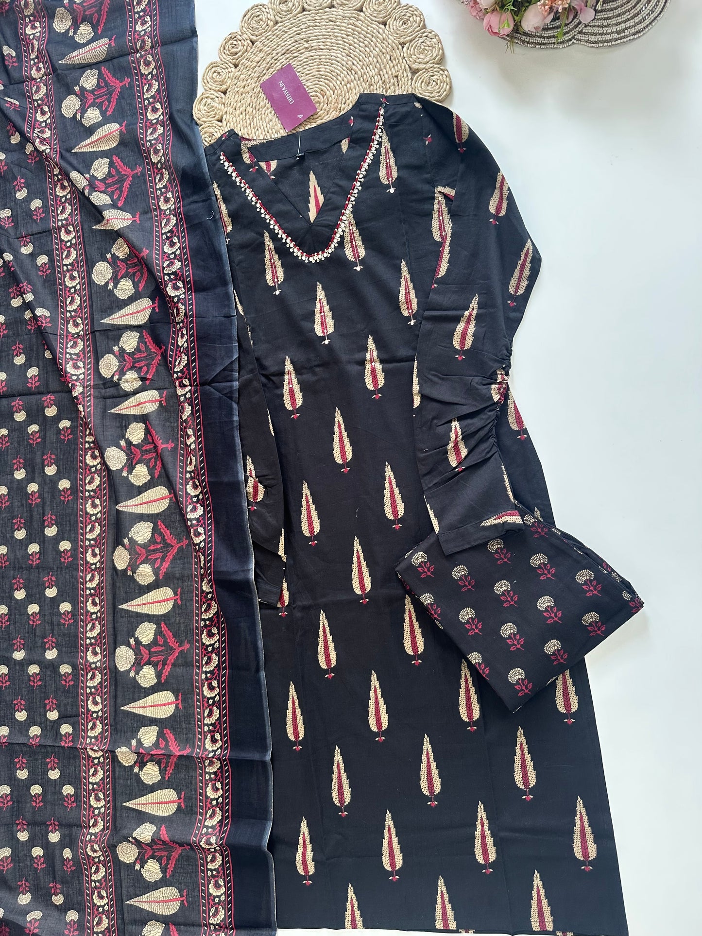 K234 - Cotton printed straight kurti with pants and dupatta.