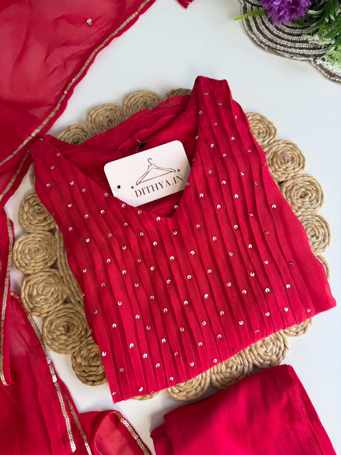 K537 - Mul chanderi handwork Aline Kurti with pants and dupatta