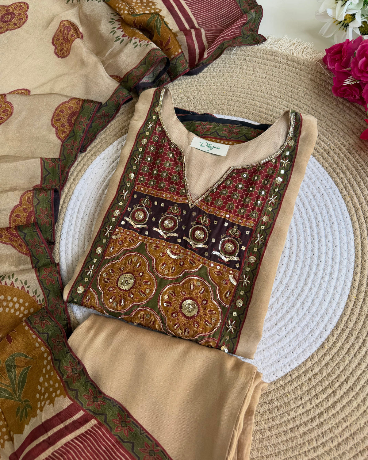 K248 - Pure crape handwork Ajrakh print straight Kurti with pants and dupatta