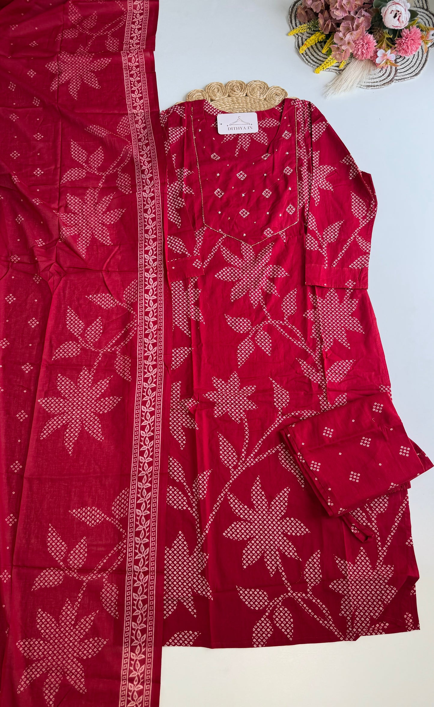 K458 - Cotton straight Kurti with pants and dupatta