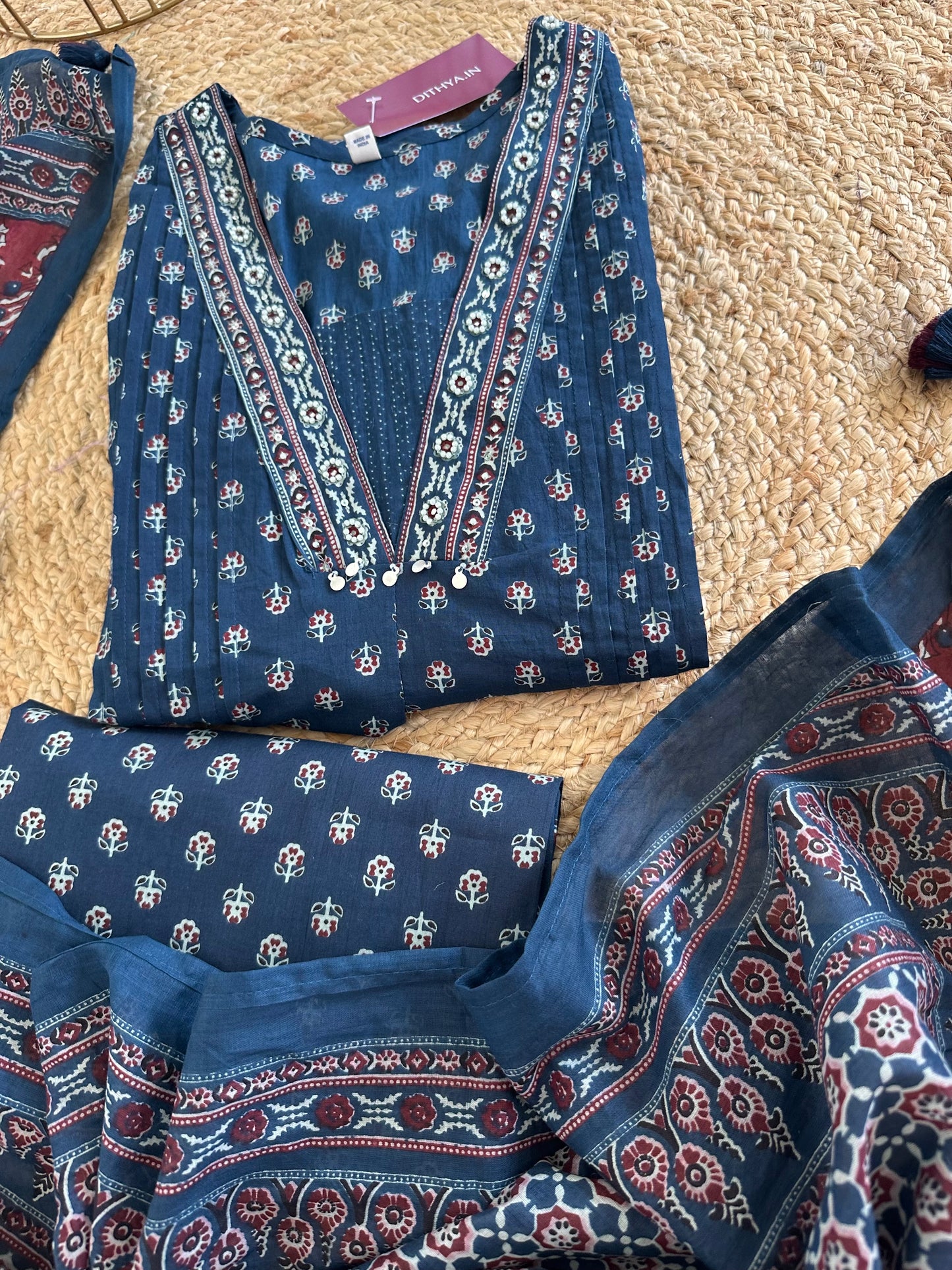 K082 - Cotton Aline Kurti Indigo print with palazzo and dupatta.