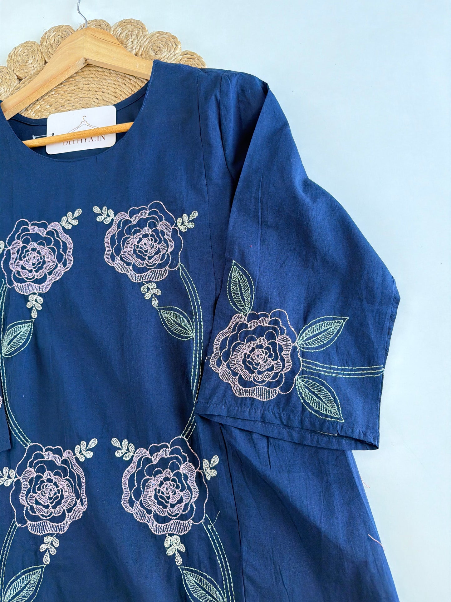 K681 - Mul cotton embroidered Aline Kurti with pants and dupatta