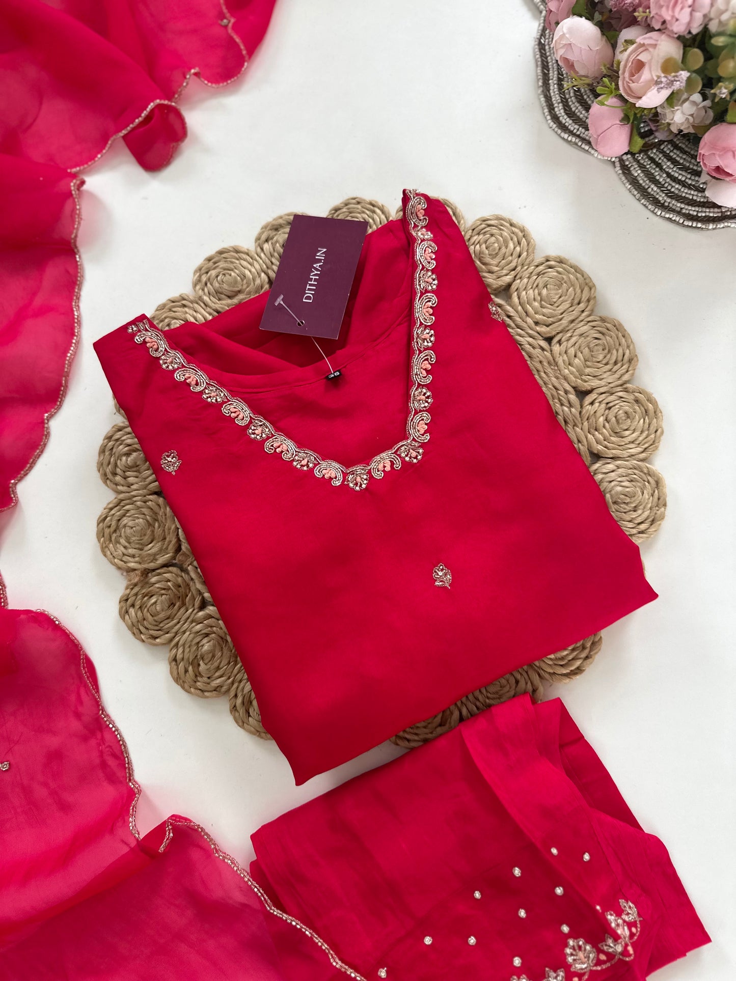 K010 - Dola silk handwork straight Kurti with pants and dupatta in 2 colours