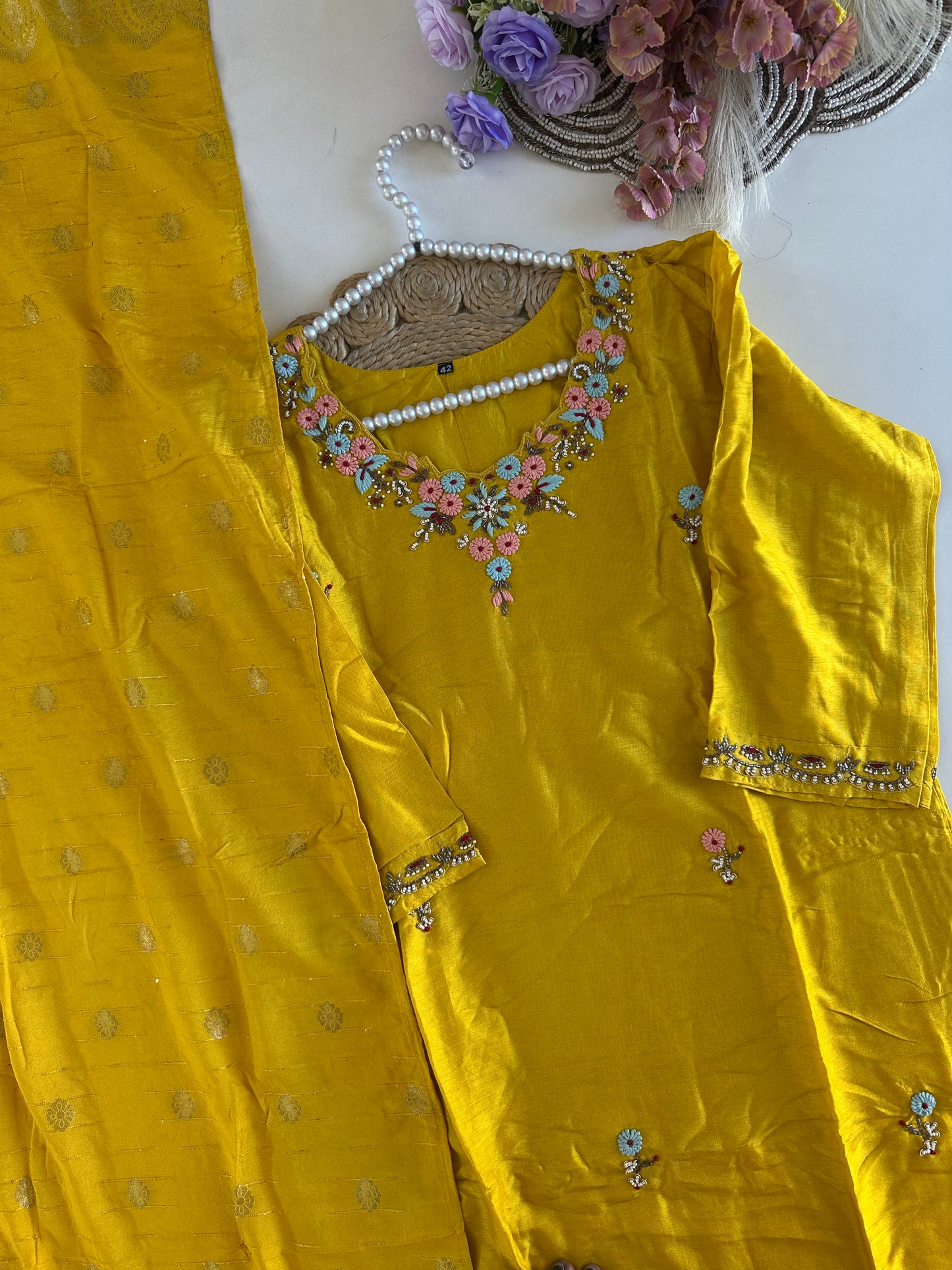 D381 - Dola silk straight kurti with pants and dupatta