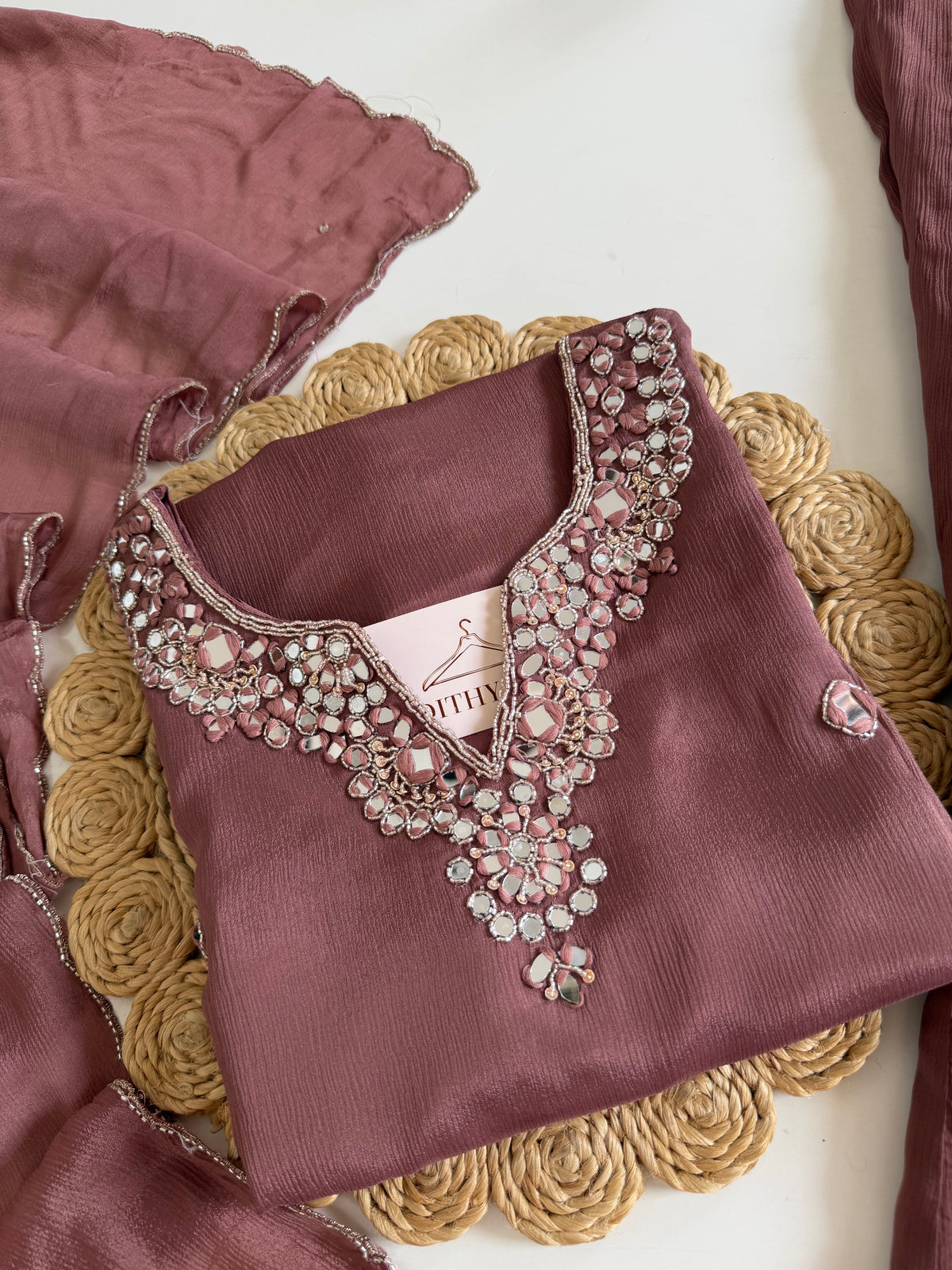 K204 - Pure Chinnon mirror work short Kurti with divider pants and dupatta