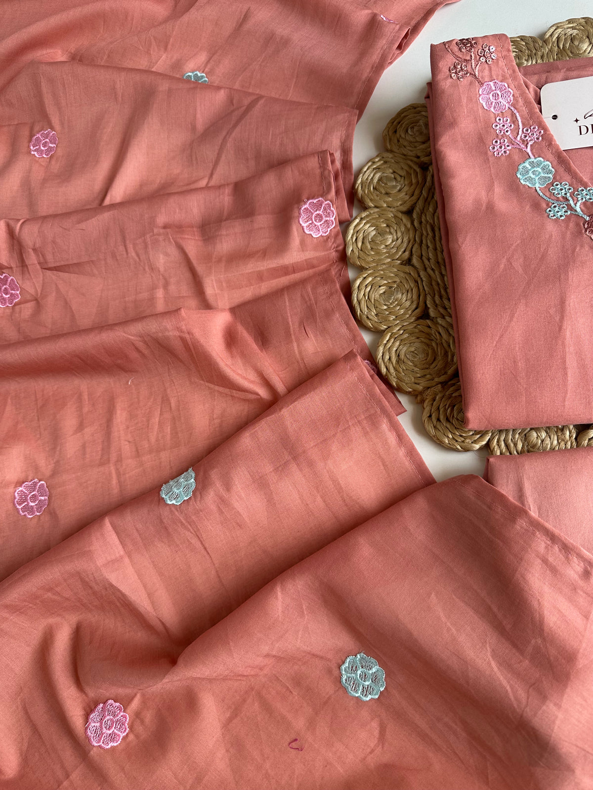 K131 - Mul cotton embroidered straight Kurti with pants and dupatta