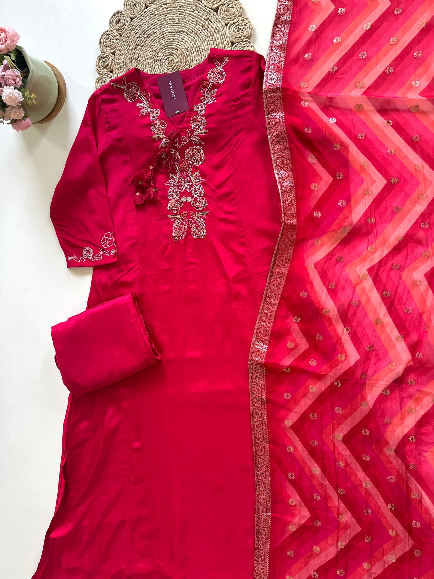K017 - Russian silk handwork Aline Kurti with pants and dupatta