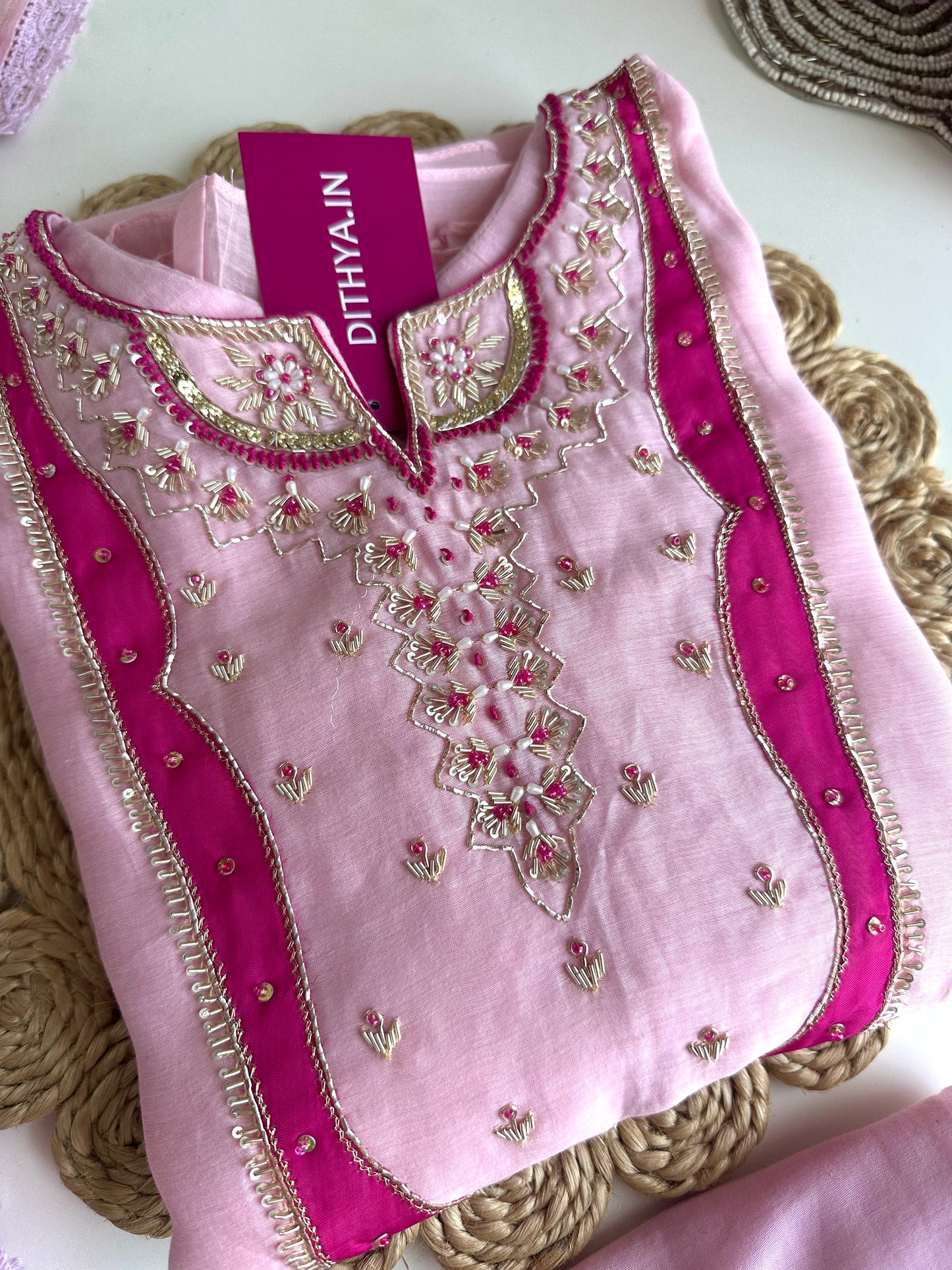 K297 - Mul Chanderi Aline handwork Kurti with pants and dupatta
