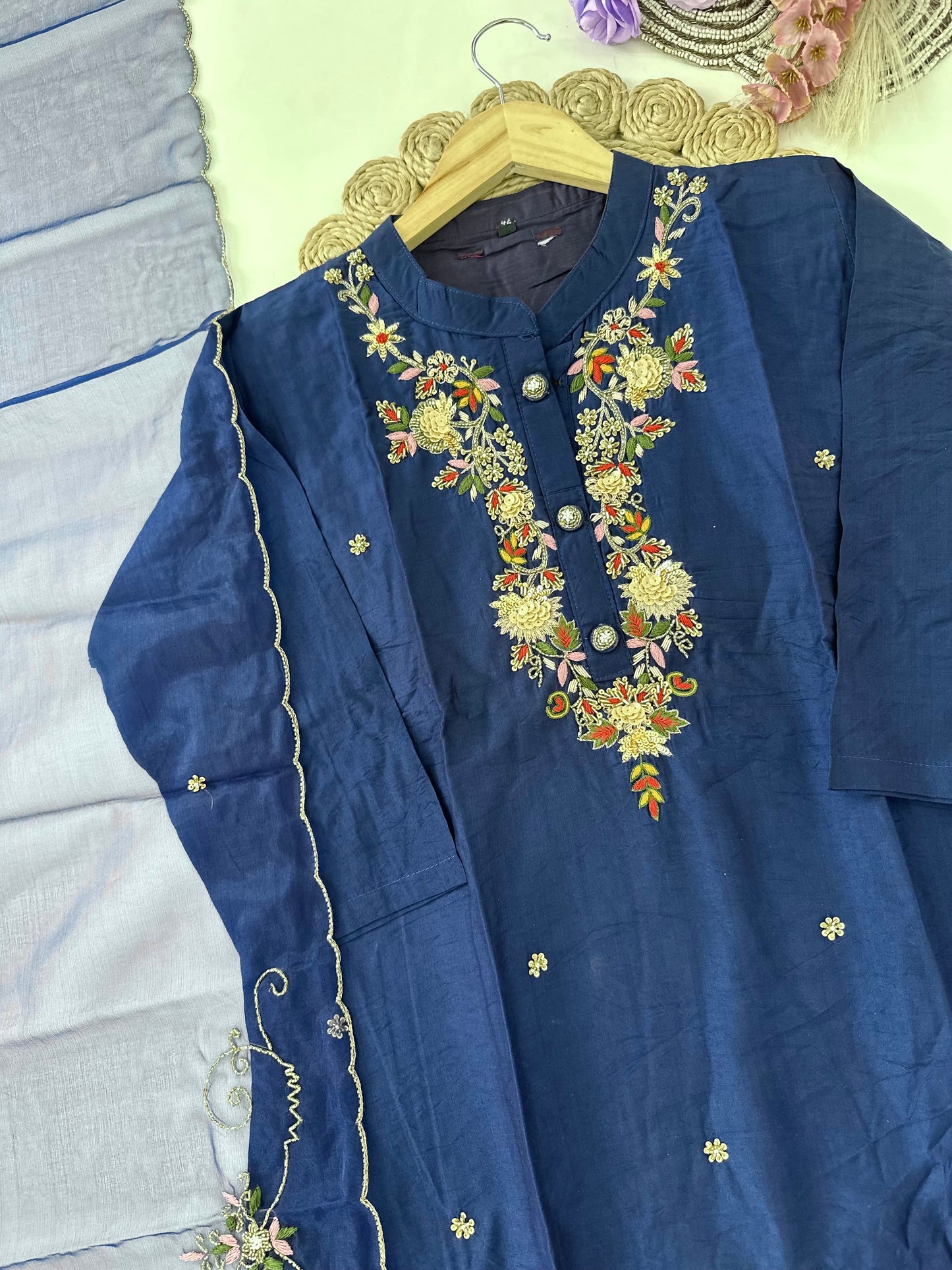 D411-Dola silk straight kurti with pants and dupatta