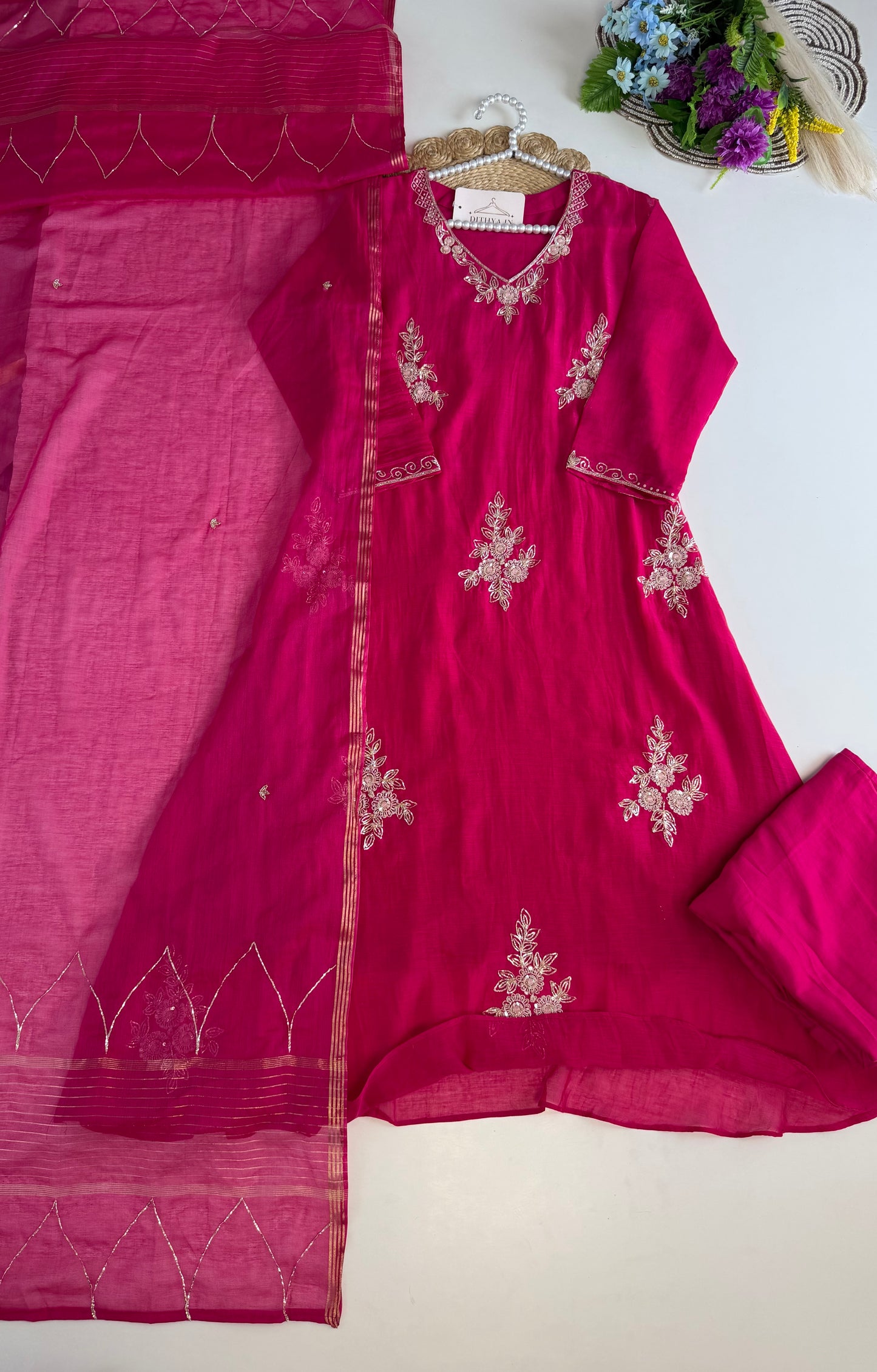 K508 - Mul chanderi handwork Aline Kurti with pants and dupatta